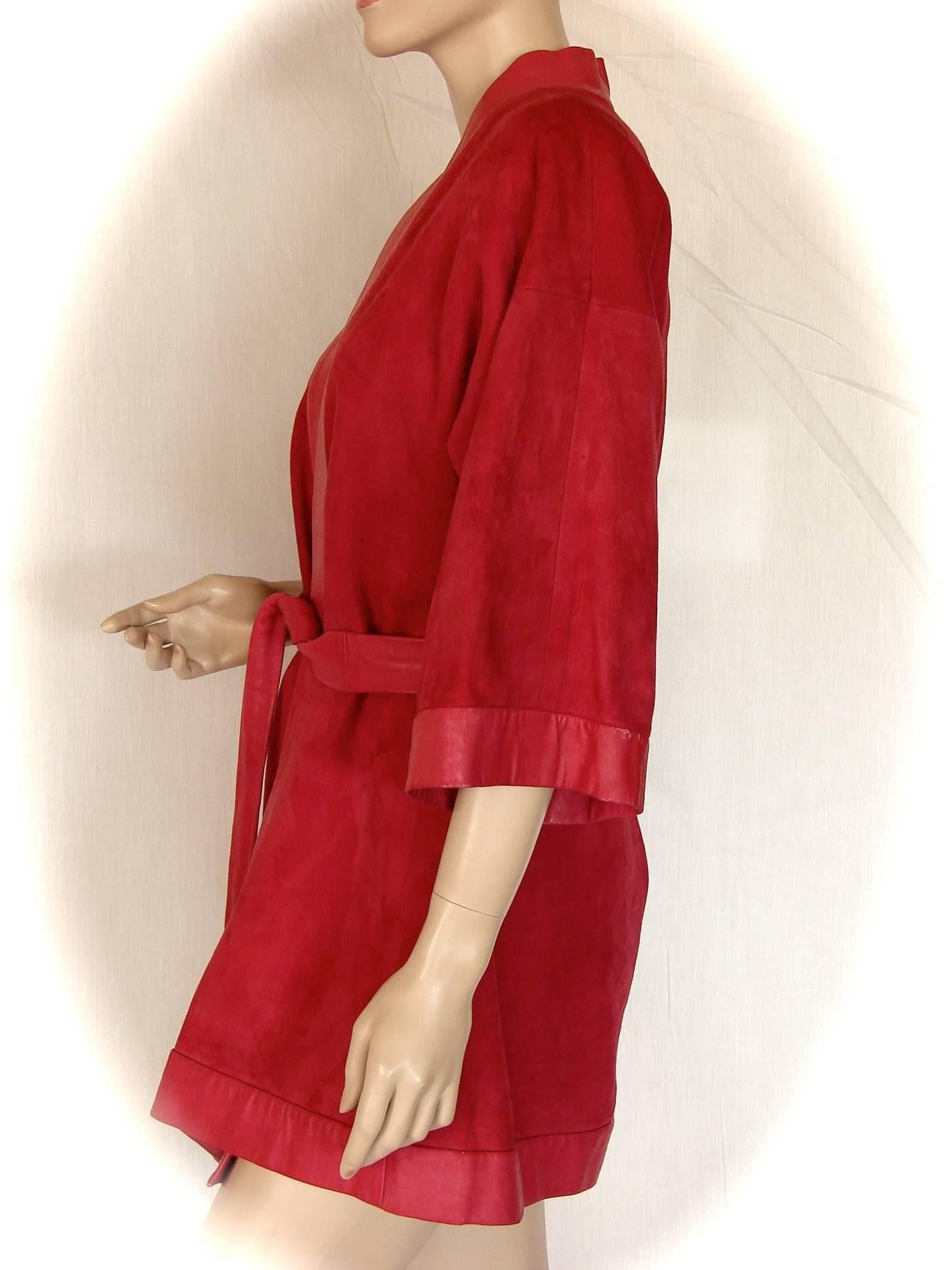 Women's Bonnie Cashin Cherry Red Suede Kimono with Leather Trim and Belt, 1960s