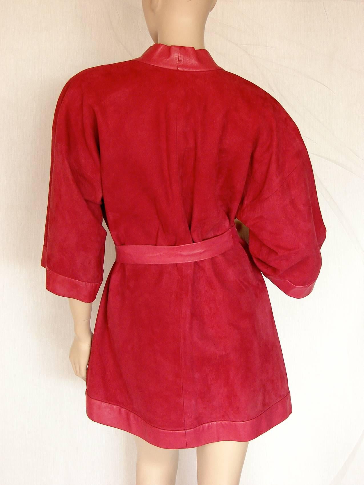 Bonnie Cashin Cherry Red Suede Kimono with Leather Trim and Belt, 1960s 1