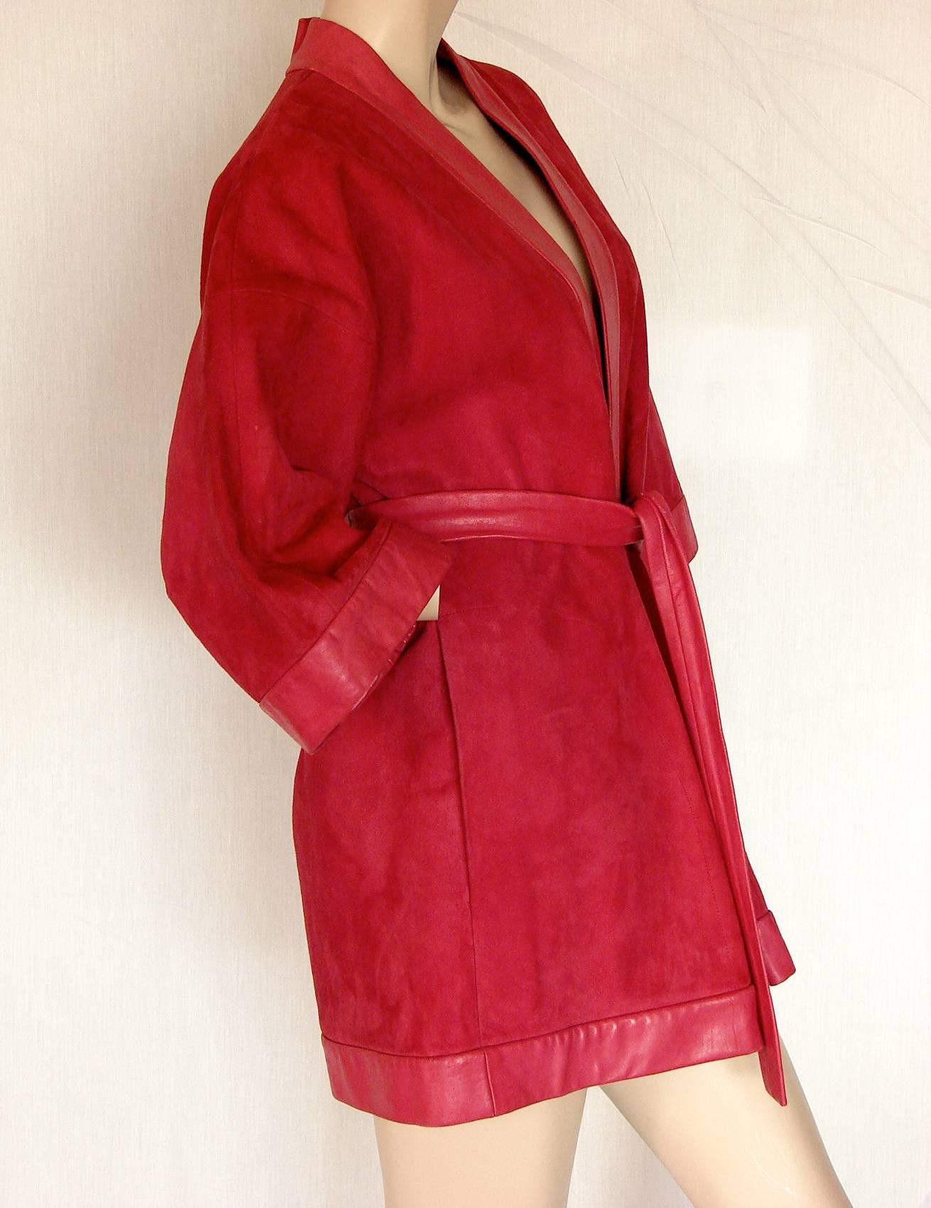 Bonnie Cashin Cherry Red Suede Kimono with Leather Trim and Belt, 1960s In Excellent Condition In Port Saint Lucie, FL