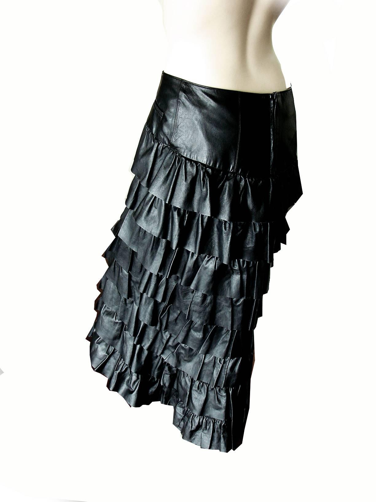 Women's Chanel Black Leather & Sheer Panel Ruffled Maxi Skirt Fall 01A Size 40 