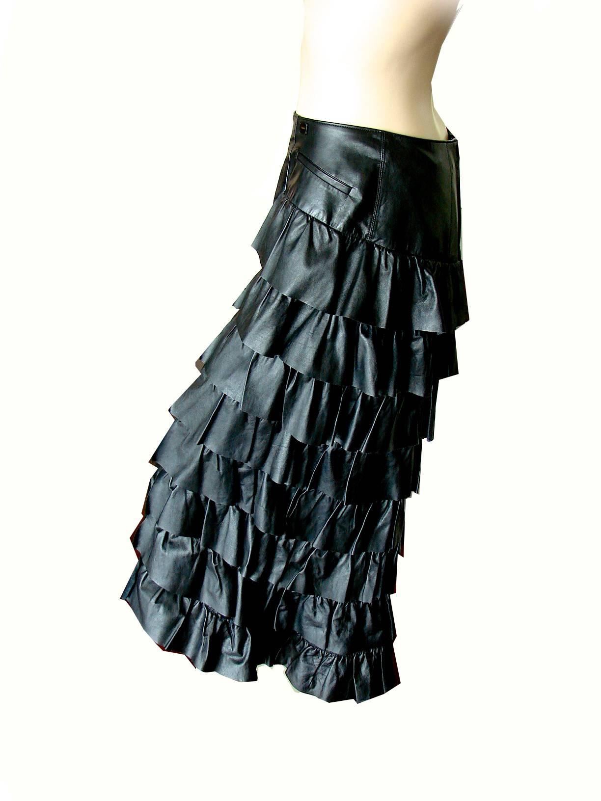 Chanel Black Leather & Sheer Panel Ruffled Maxi Skirt Fall 01A Size 40  In Excellent Condition In Port Saint Lucie, FL