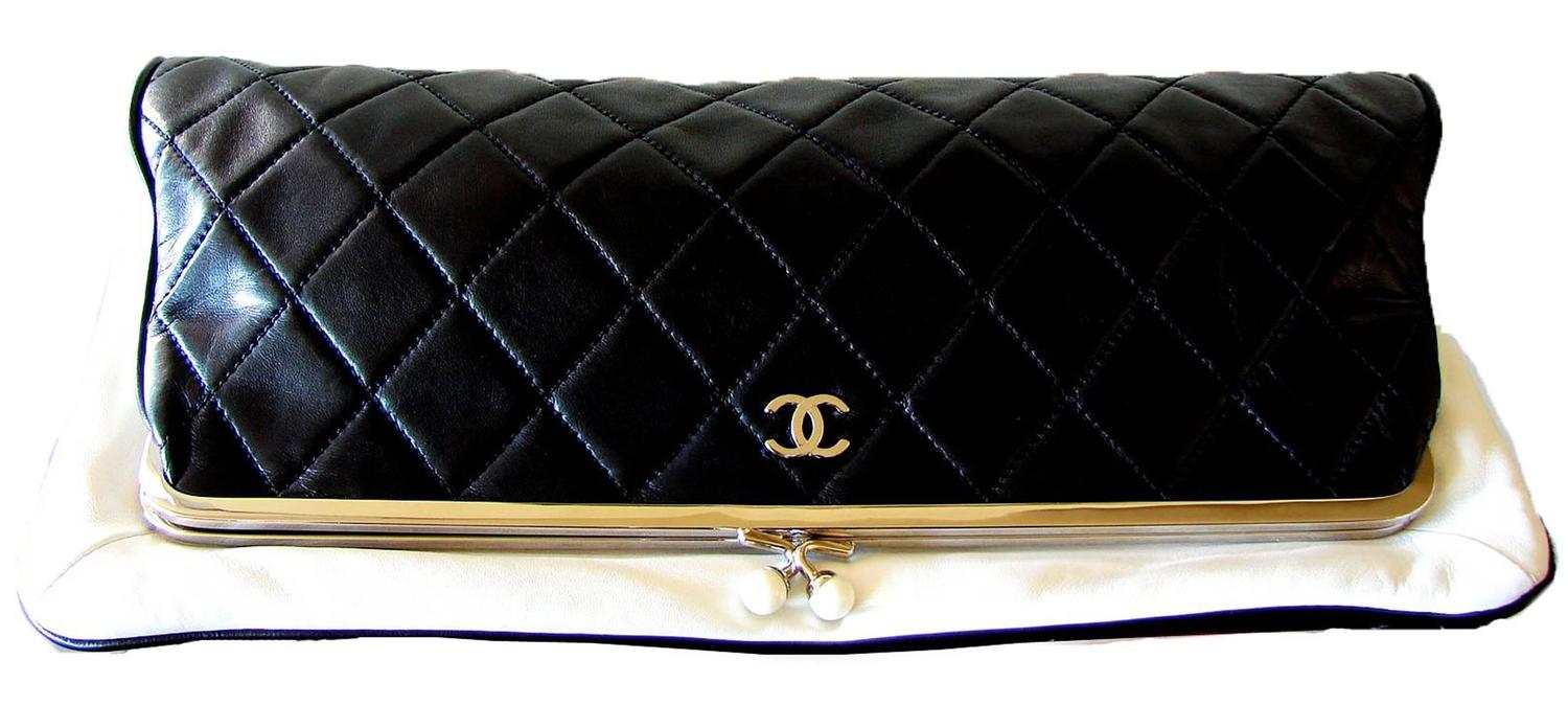 Chanel Black Lambskin Matelassé Clutch White Trim + Chain Coin Purse