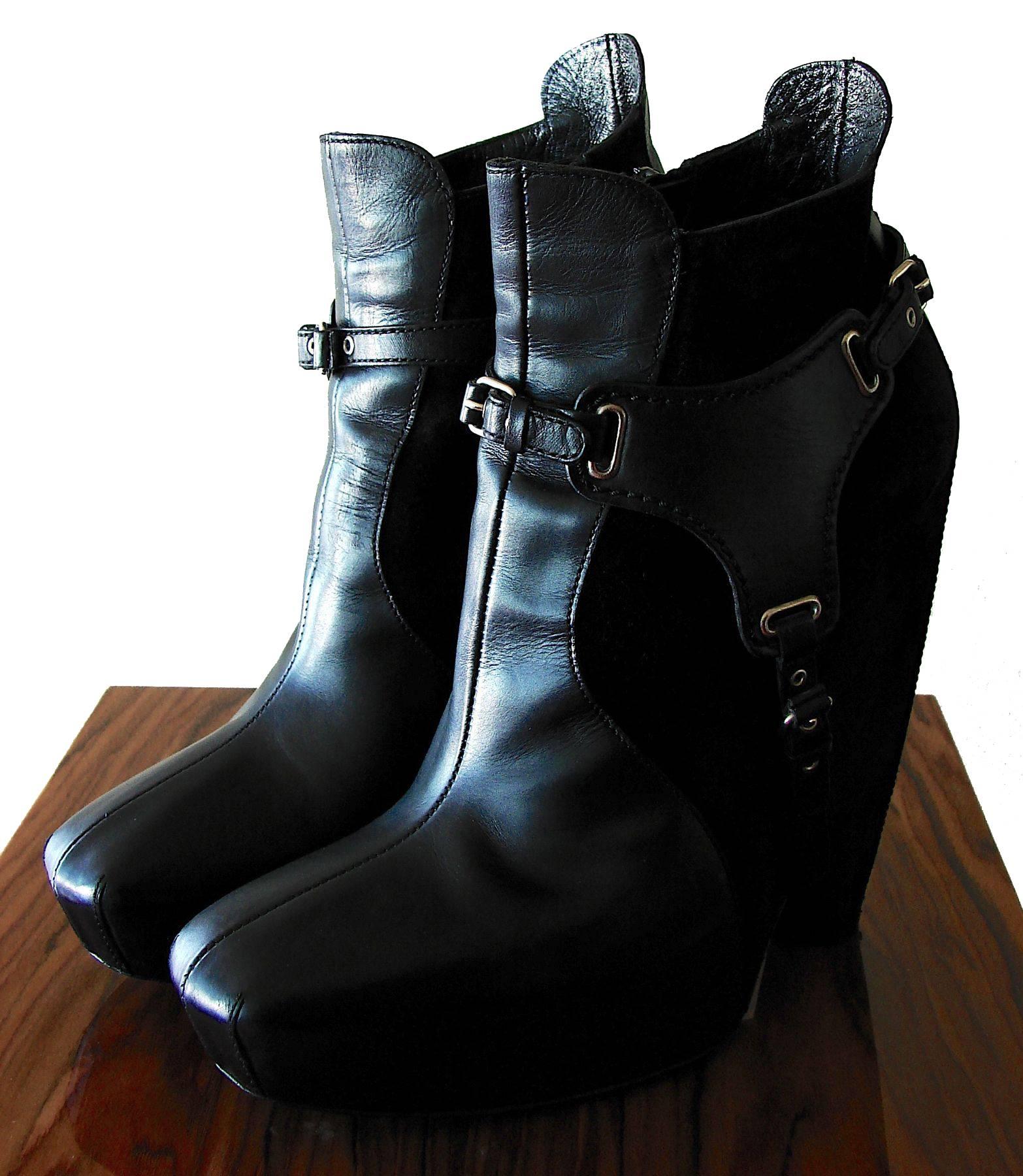 Women's Balenciaga Black Leather & Suede Harness Platform Booties 2006 Sz 38.5