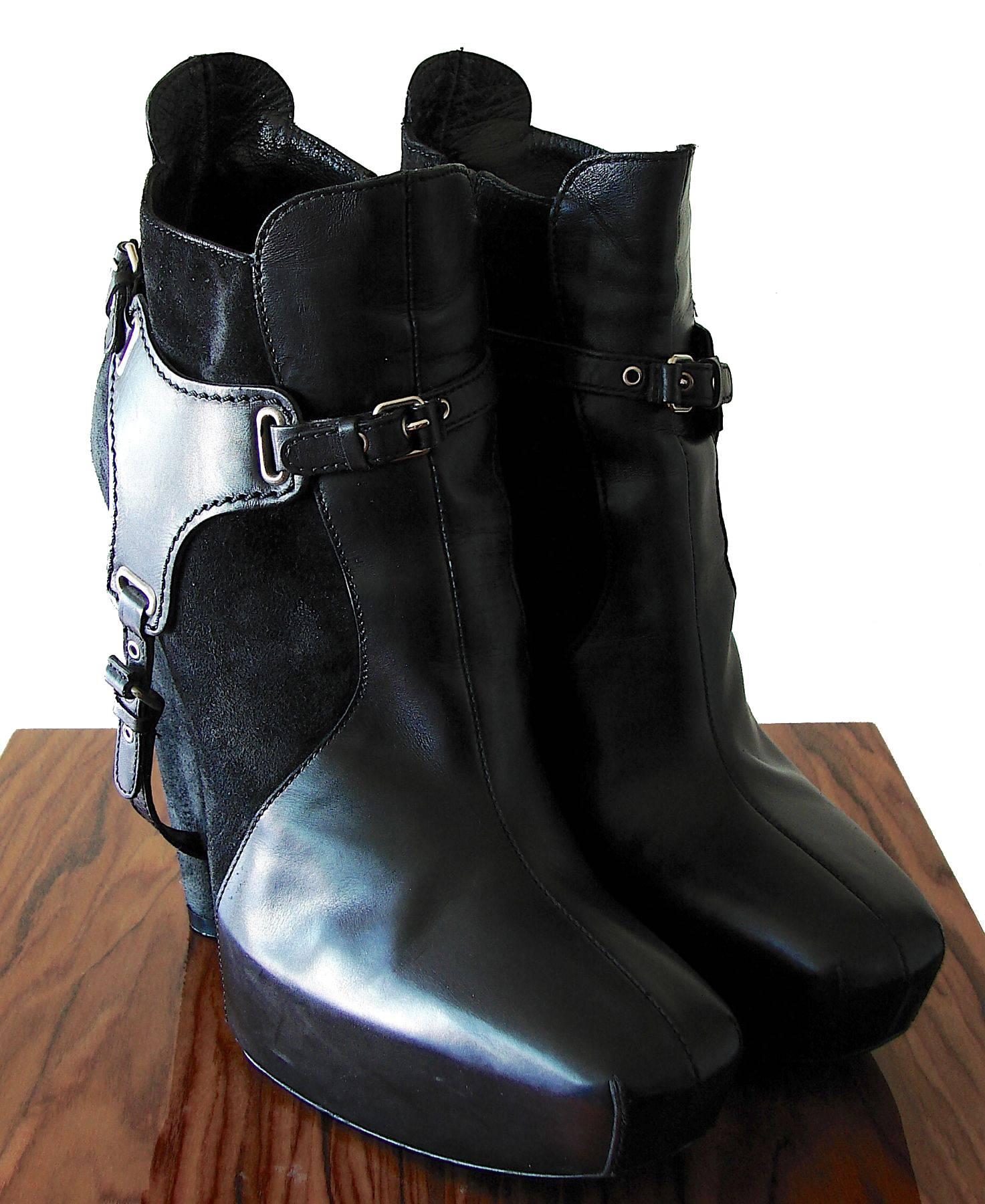 Balenciaga Black Leather & Suede Harness Platform Booties 2006 Sz 38.5 1