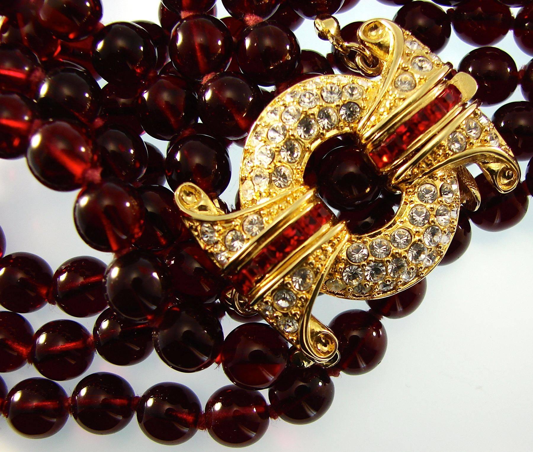 Nolan Miller Triple Strand Ruby Glass Bead & Rhinestone Necklace 1980s In Excellent Condition In Port Saint Lucie, FL