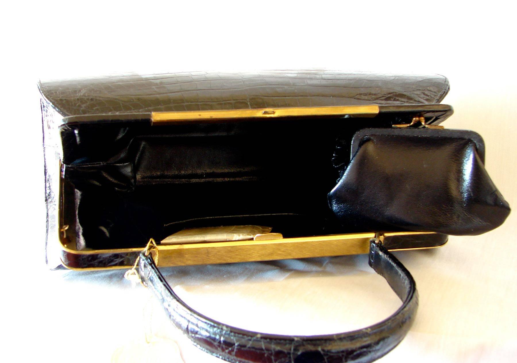 Women's Vintage Black Exotic Crocodile Handbag Purse Lesco Lona 1960s Deadstock with Tag