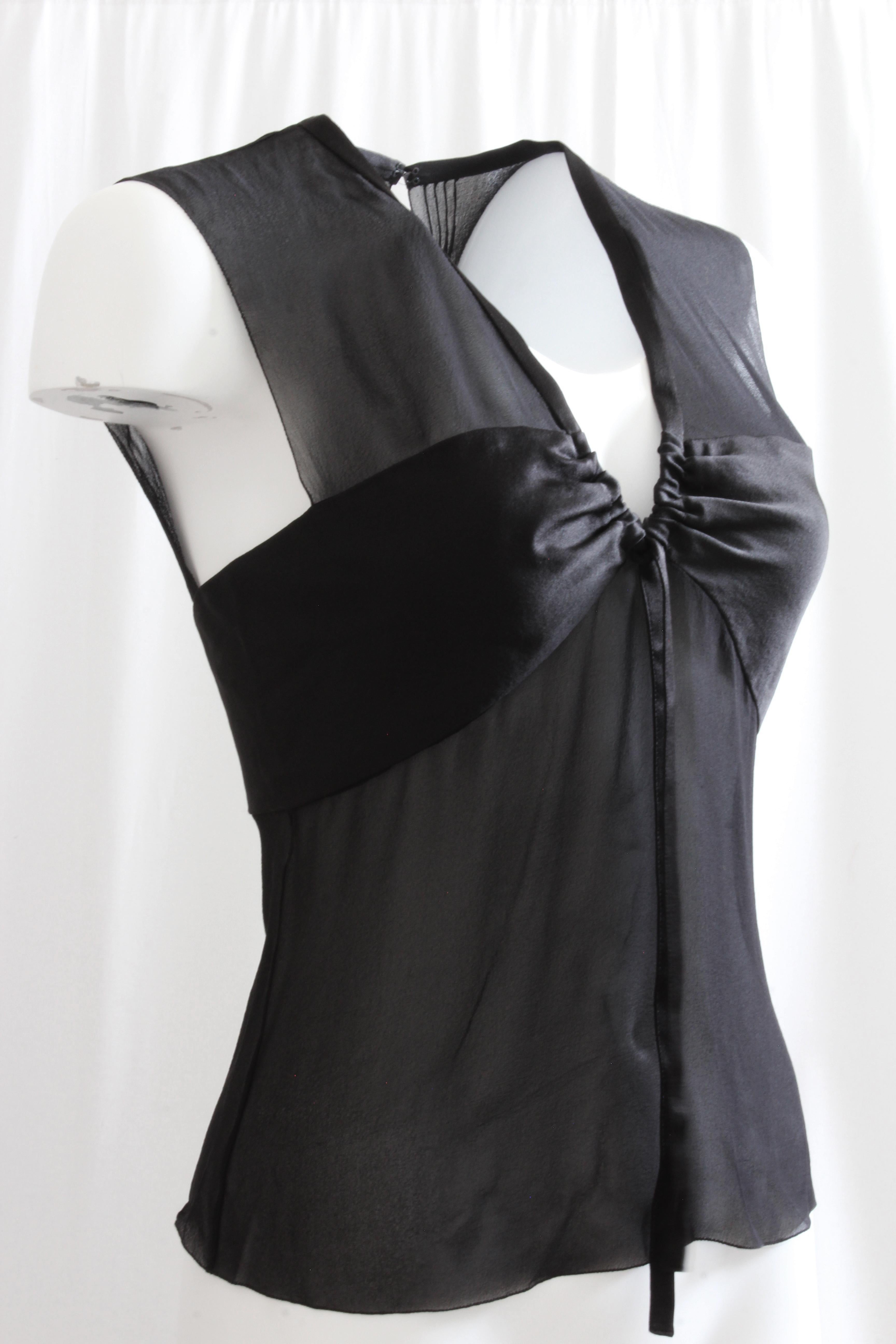 Women's Chanel Sheer Silk Chiffon and Satin Blouse with Cinched Collar and Open Back S