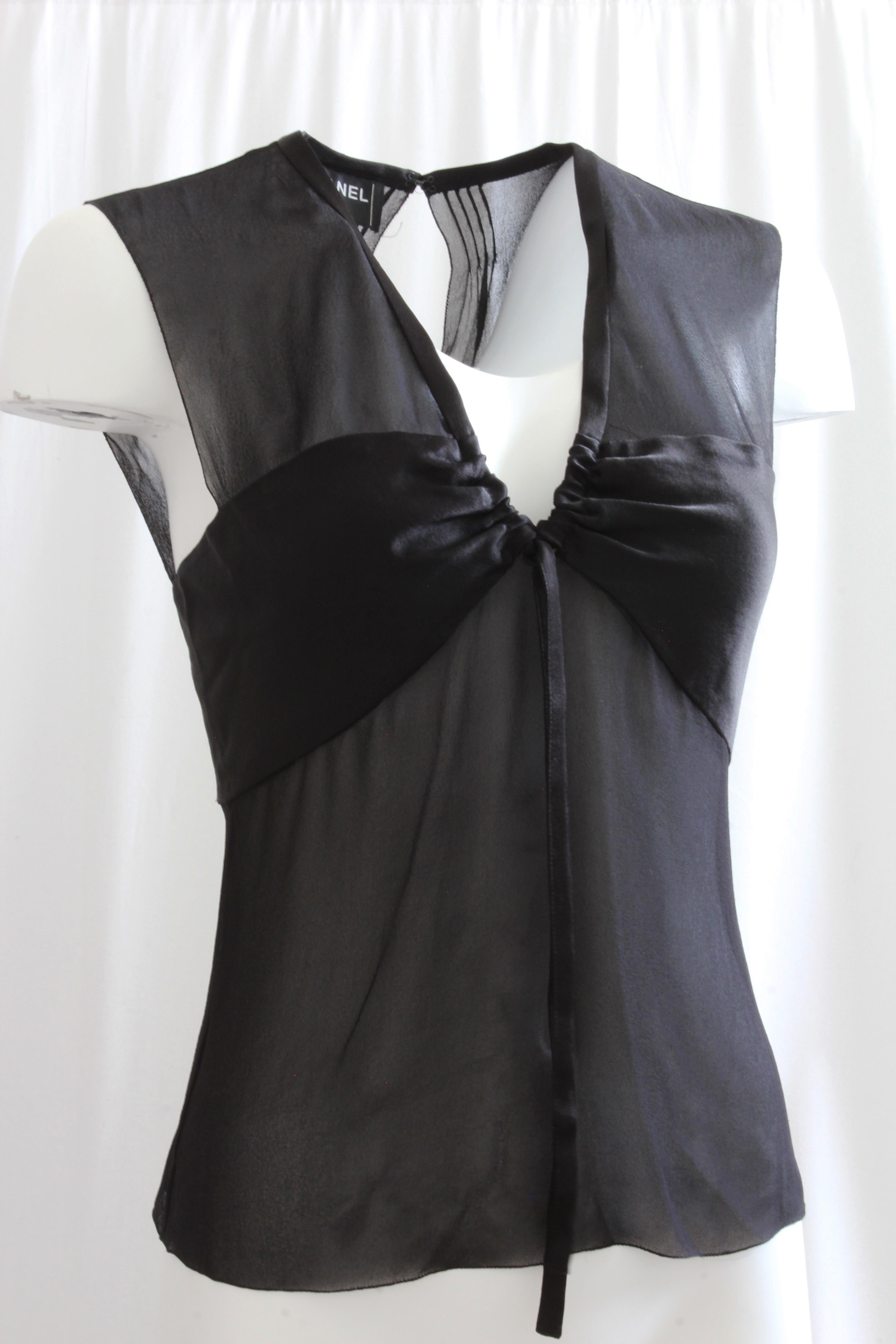 Gray Chanel Sheer Silk Chiffon and Satin Blouse with Cinched Collar and Open Back S