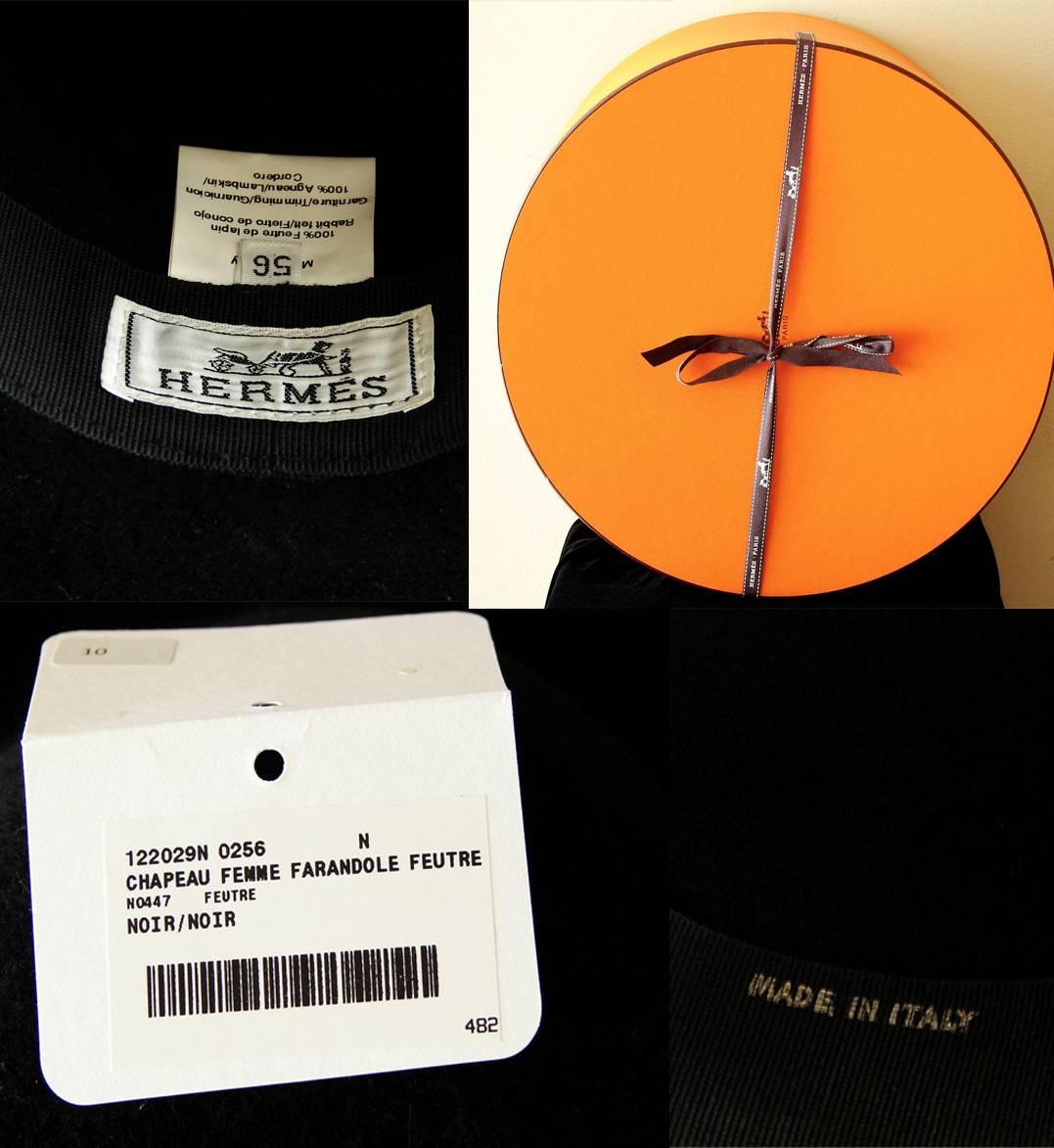 Hermes Wide Brim Hat Farandole Black Rabbit Felt Leather Size 56 + Hat Box 2
