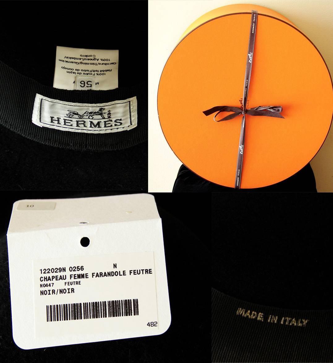 Hermes Wide Brim Hat Farandole Black Rabbit Felt Leather Size 56 + ...  