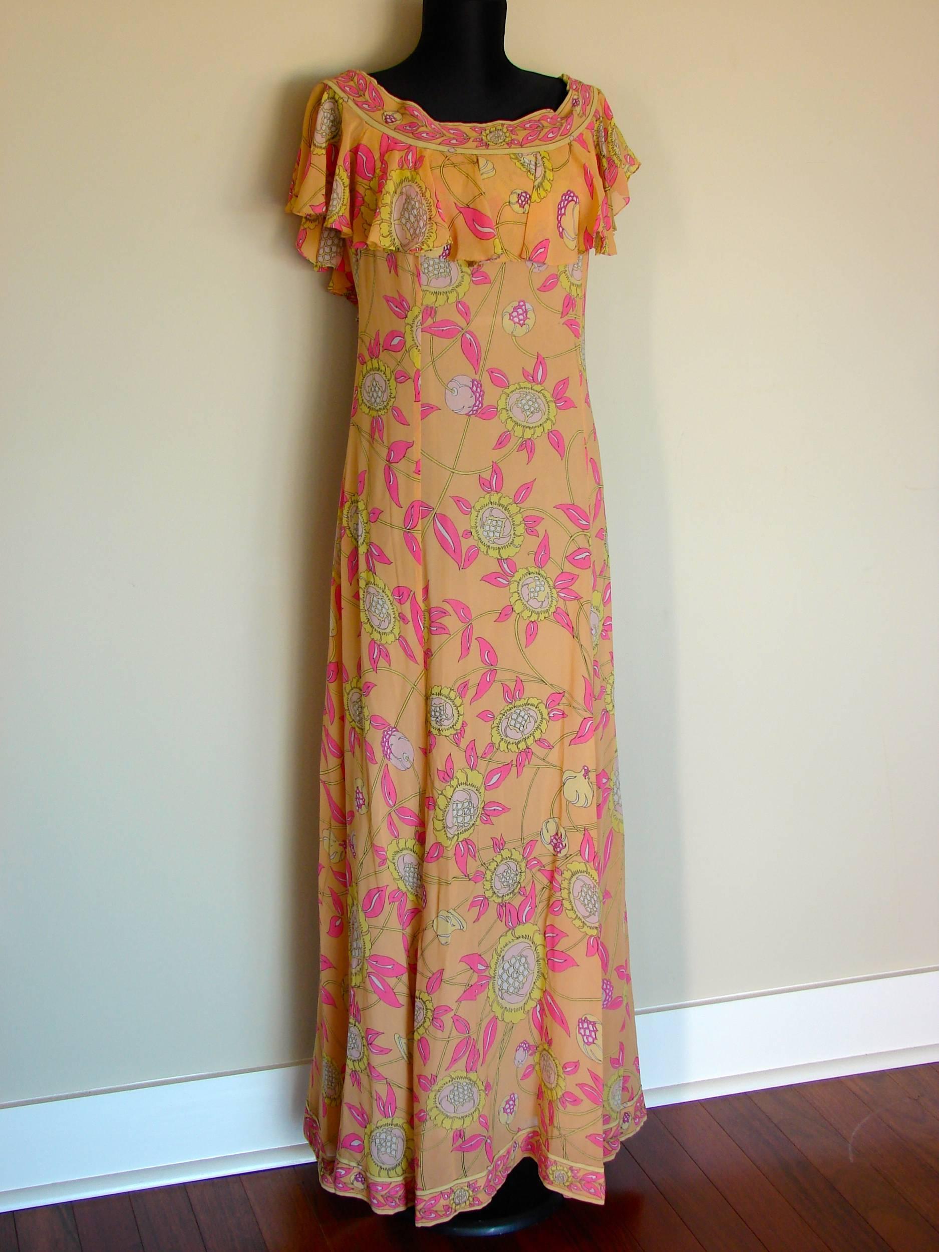 Brown Emilio Pucci Silk Chiffon Ruffle Maxi Dress Bright Sunflower Print Deadstock 70s