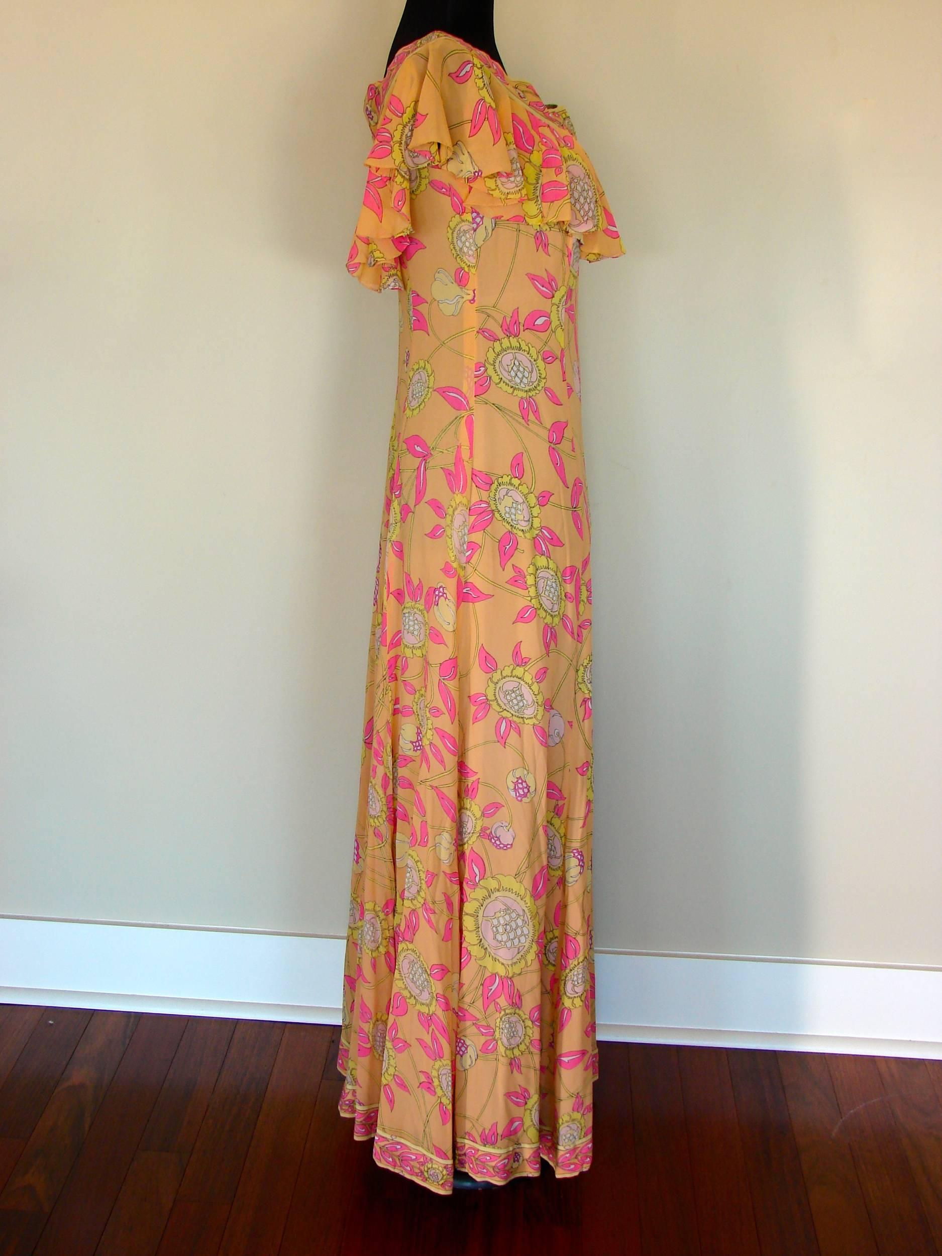 Emilio Pucci Silk Chiffon Ruffle Maxi Dress Bright Sunflower Print Deadstock 70s In New Condition In Port Saint Lucie, FL