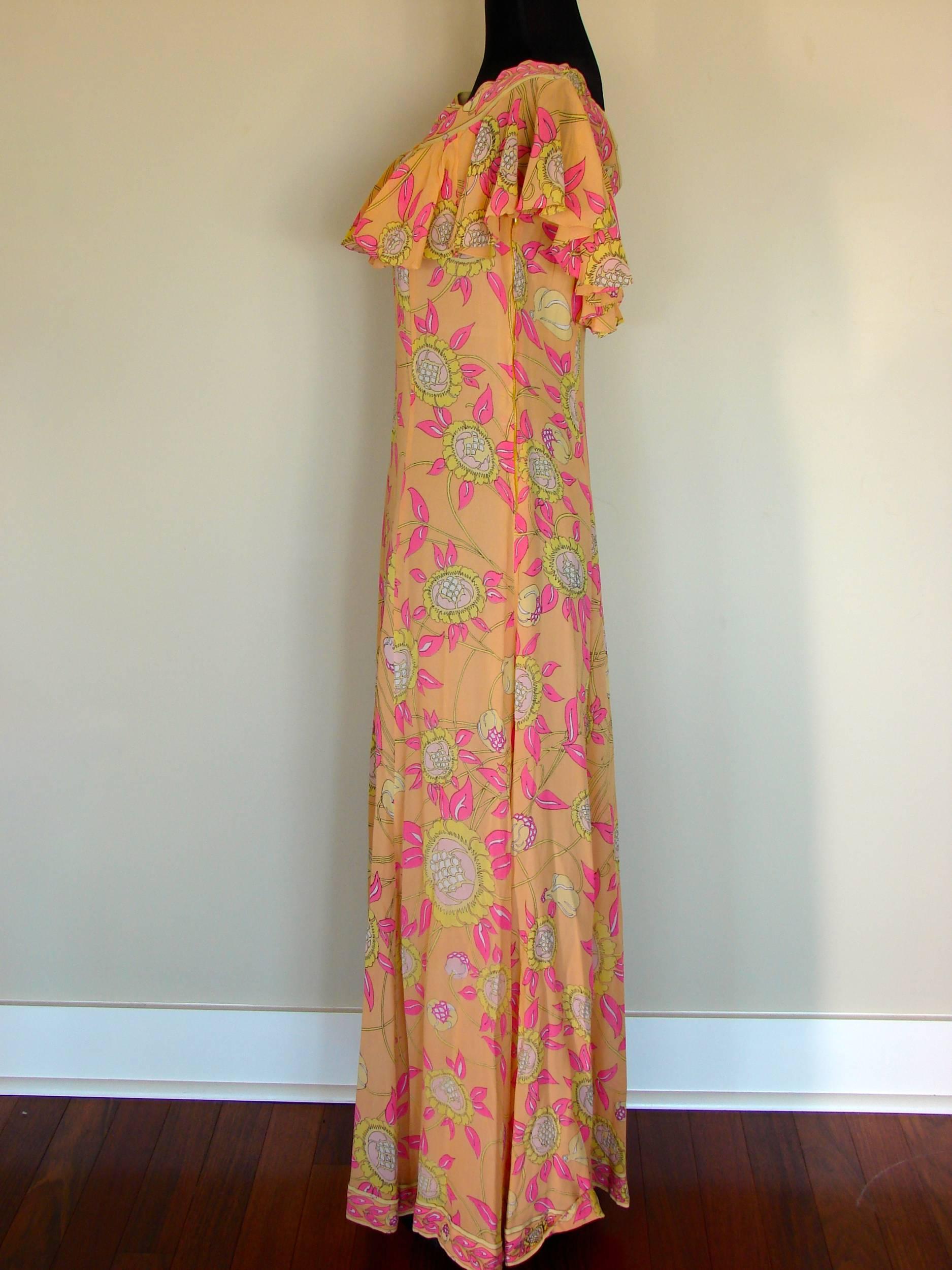 Women's Emilio Pucci Silk Chiffon Ruffle Maxi Dress Bright Sunflower Print Deadstock 70s