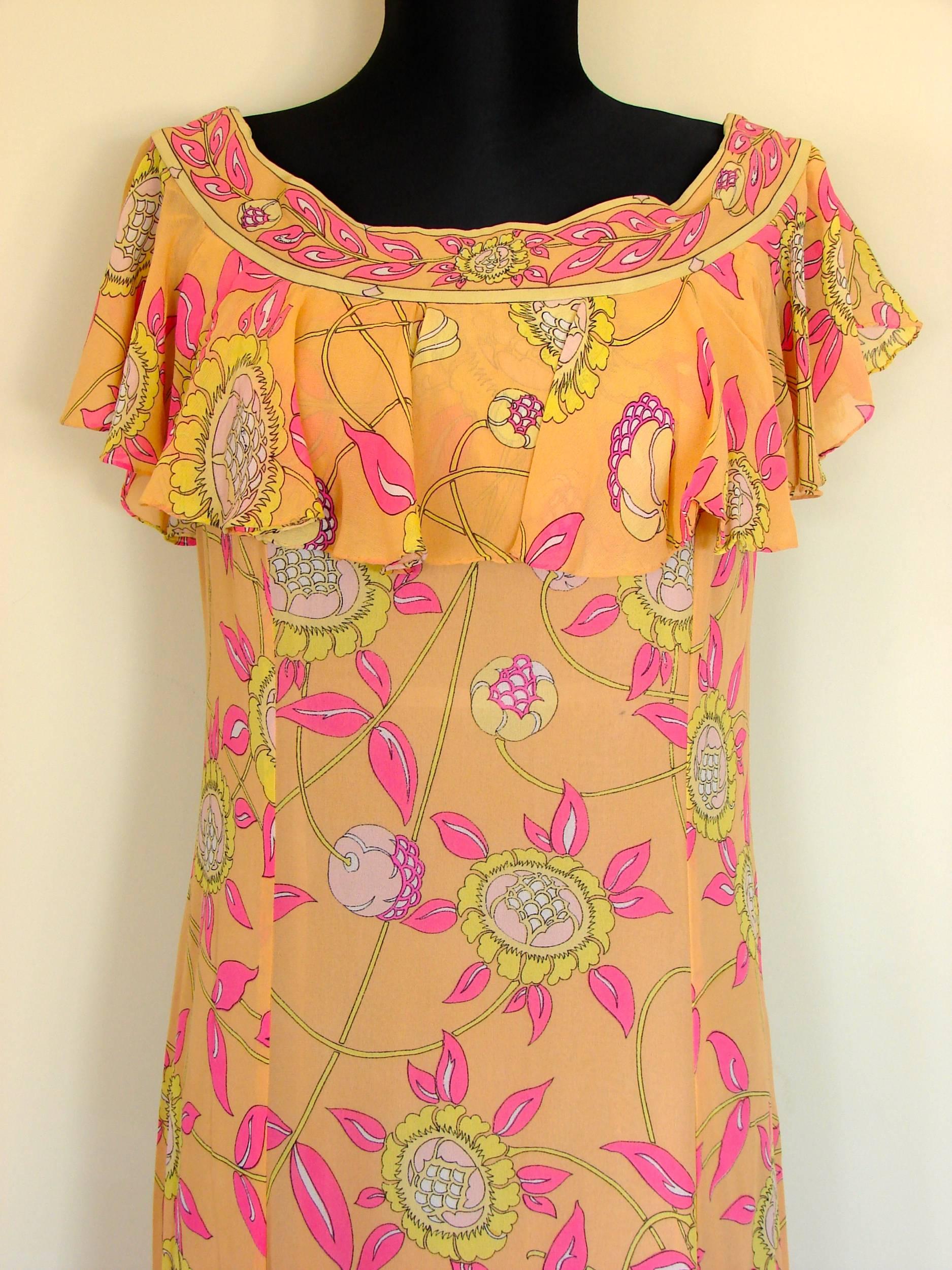 Emilio Pucci Silk Chiffon Ruffle Maxi Dress Bright Sunflower Print Deadstock 70s 1