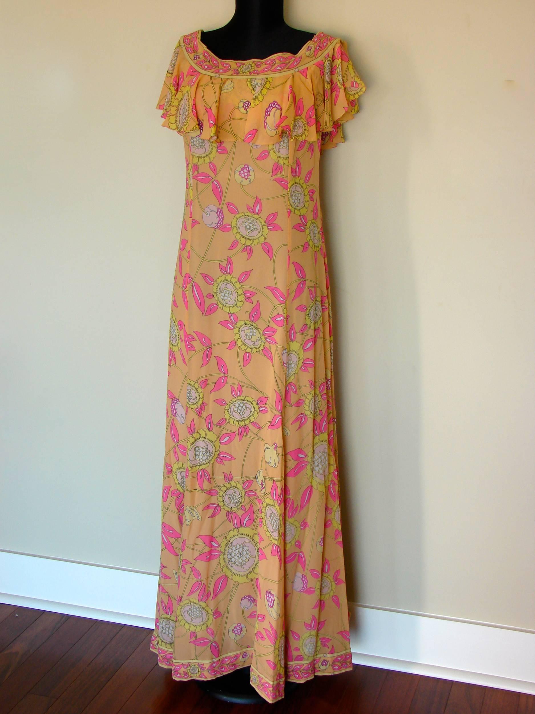 Emilio Pucci Silk Chiffon Ruffle Maxi Dress Bright Sunflower Print Deadstock 70s 2