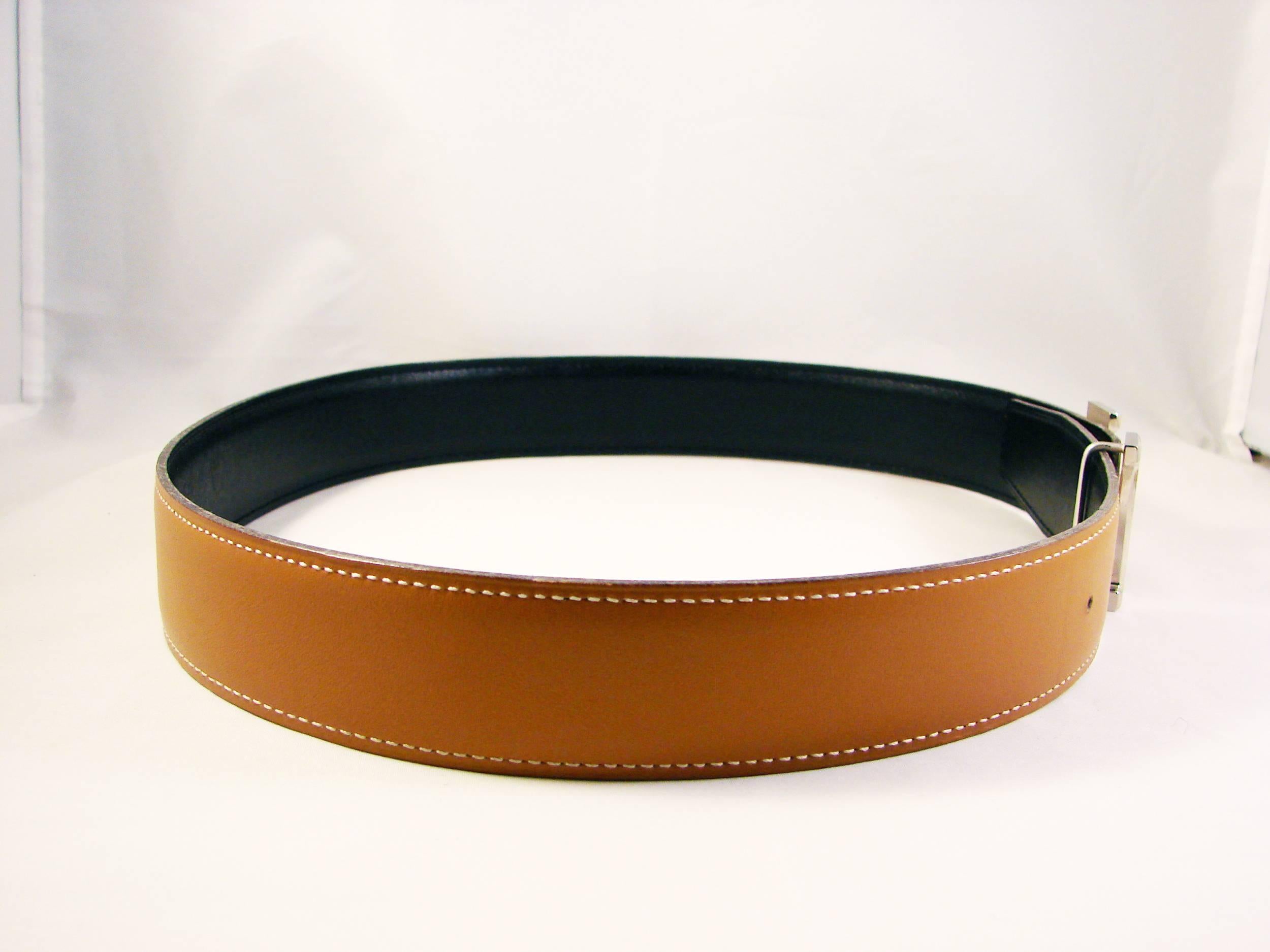Brown Hermes Constance Silver H Belt Buckle with Reversible Strap in Noir + Natural 