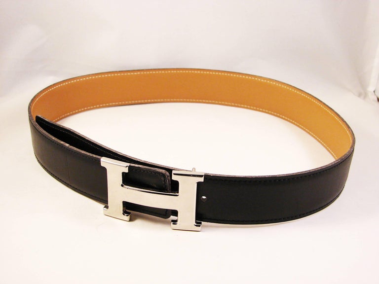 Hermes Constance Silver H Belt Buckle with Reversible Strap in Noir ...