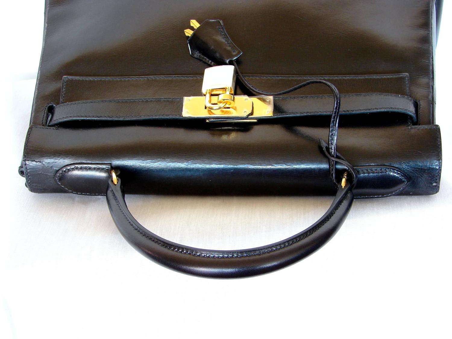 Hermes Kelly 32 Handbag Black Box Leather with Strap 1960s Bonwit ...  