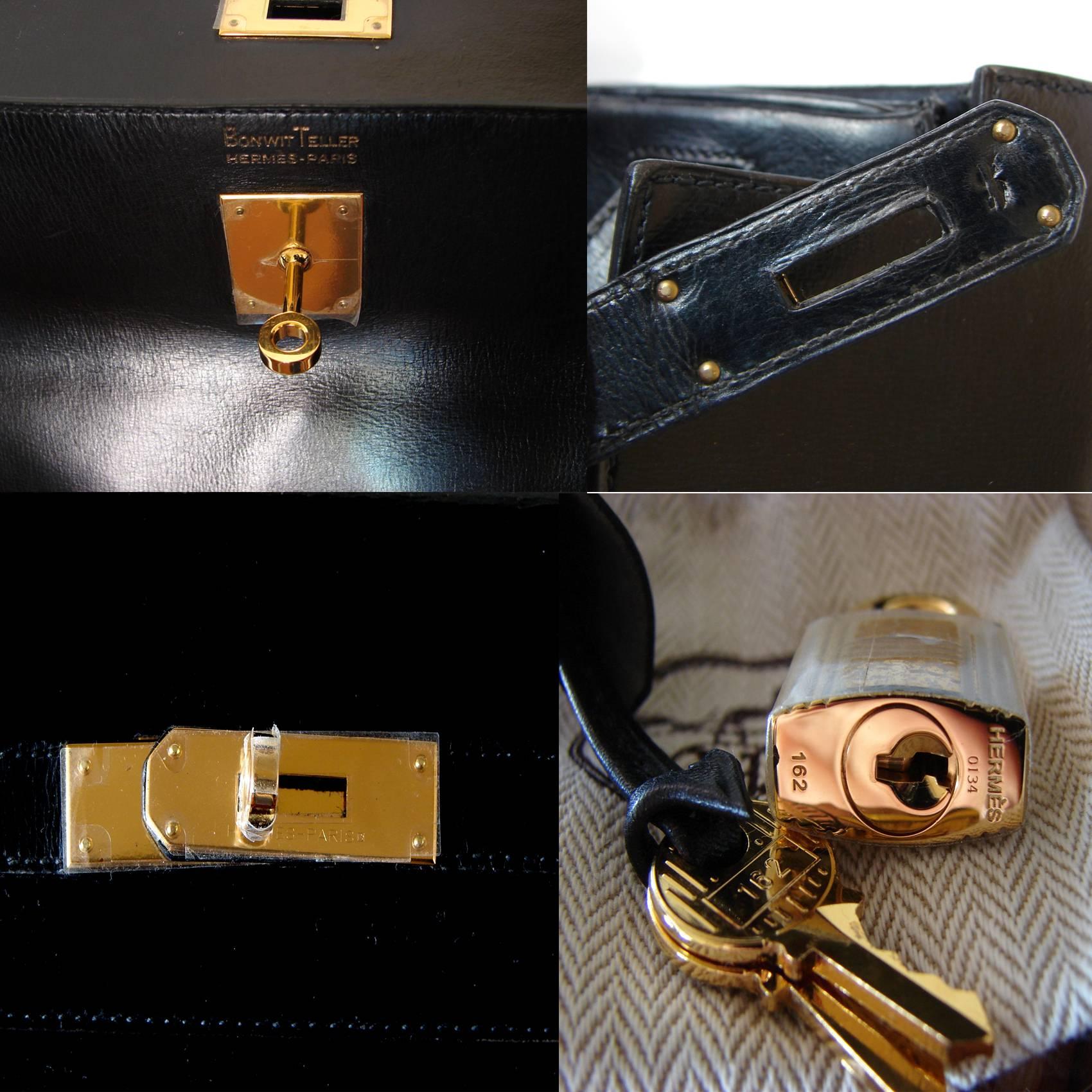 Women's Hermes Kelly 32 Handbag Black Box Leather with Strap 1960s Bonwit Teller 