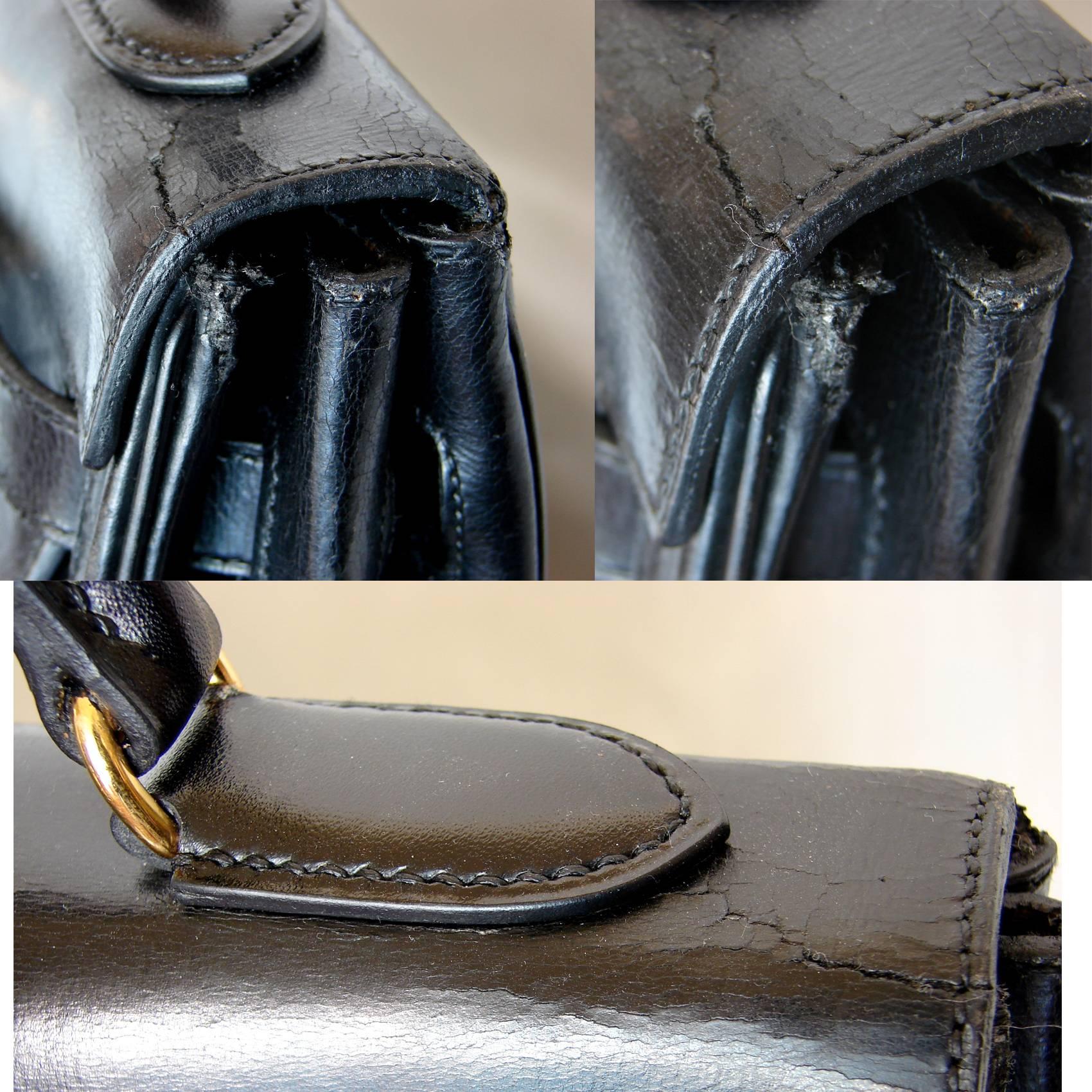 Hermes Kelly 32 Handbag Black Box Leather with Strap 1960s Bonwit Teller  3