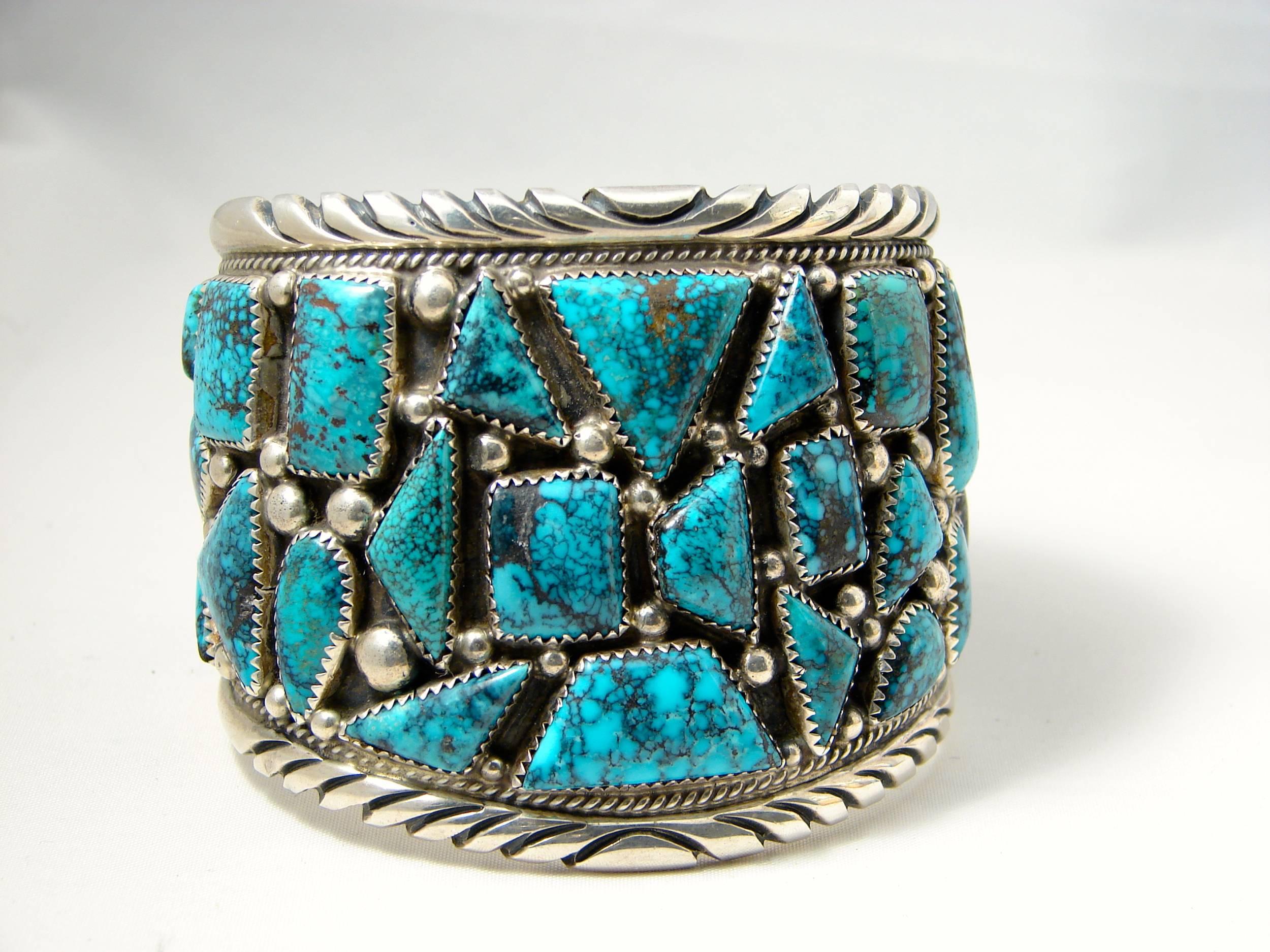Anglo-Indian Early Navajo Tommy Moore Turquoise Sterling Silver Cuff Bracelet Huge Statement