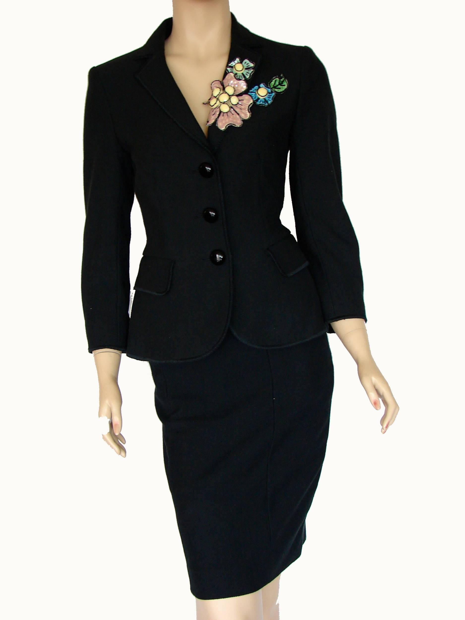 Moschino Cheap & Chic Black Jacket & Skirt Suit Sequin Corsage US Size 4/6 2