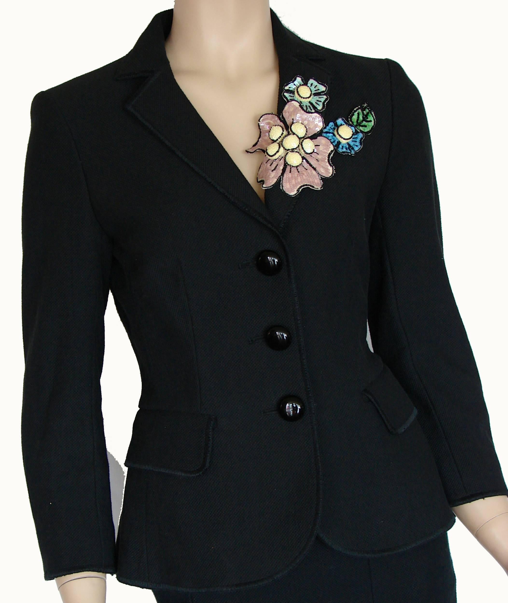 Moschino Cheap & Chic Black Jacket & Skirt Suit Sequin Corsage US Size 4/6 In Excellent Condition In Port Saint Lucie, FL