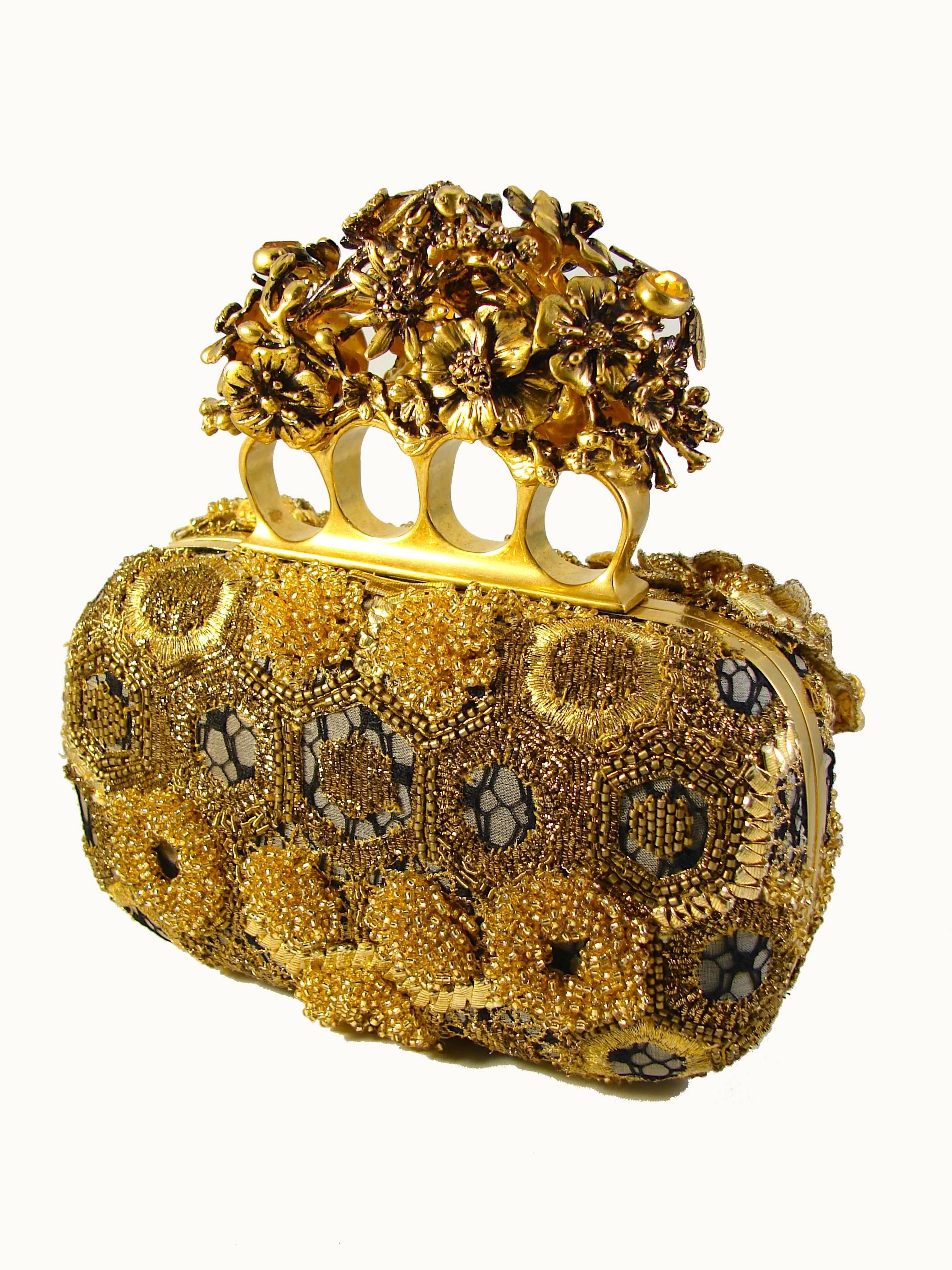Women's Opulent Alexander McQueen Raso Seta Knuckle Box Clutch Bag in Gold 2014 