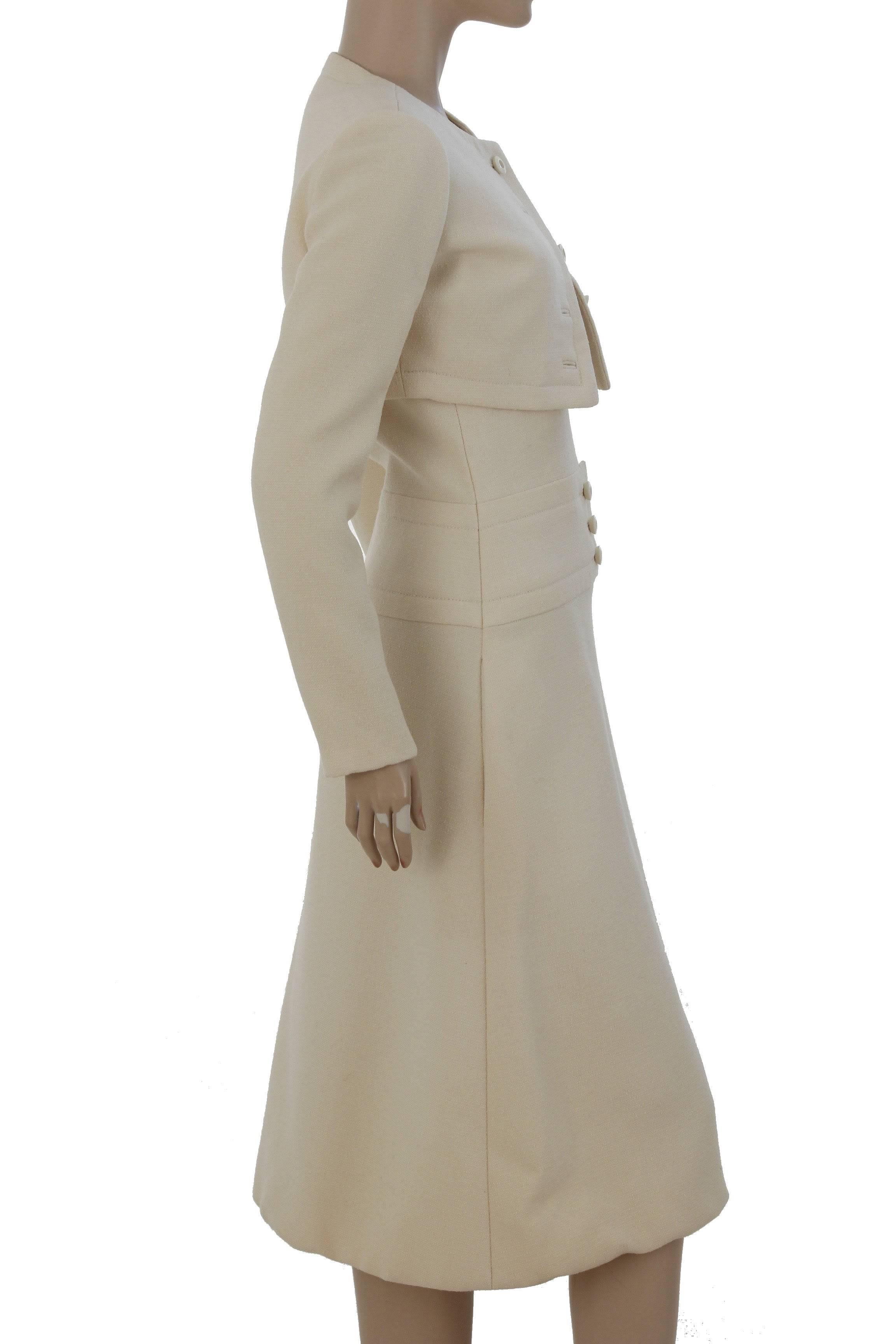 Beige Ultra Rare Galanos Cream Wool Dress with Cropped Jacket Ensemble 2pc Set 60s S