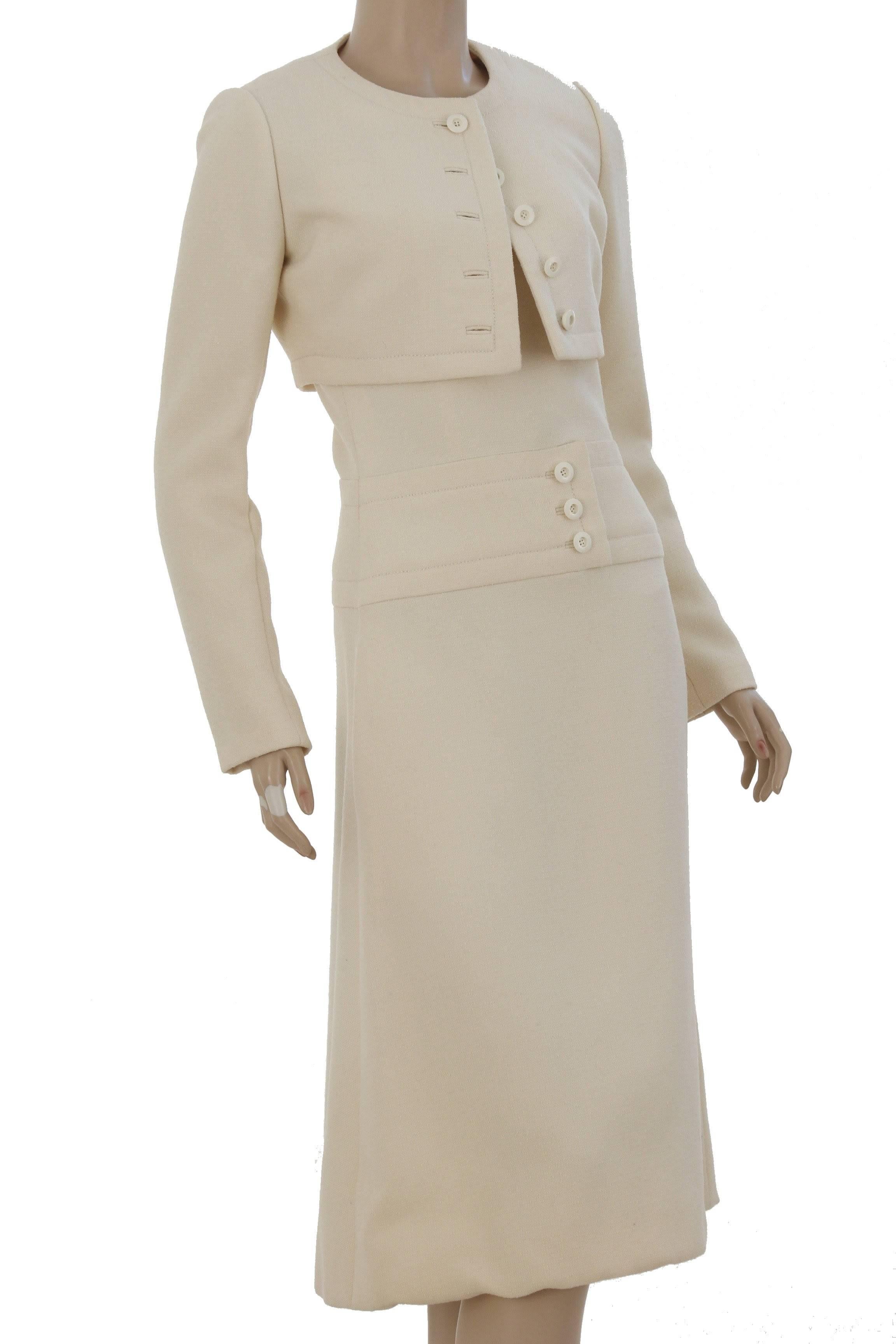 Women's Ultra Rare Galanos Cream Wool Dress with Cropped Jacket Ensemble 2pc Set 60s S