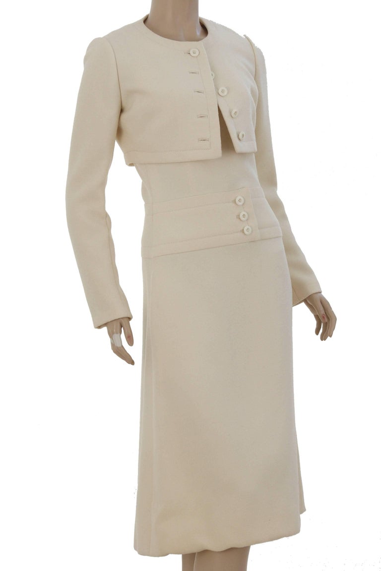 Galanos Minimalist Cream Wool Dress and Cropped Jacket Ensemble 2pc Set