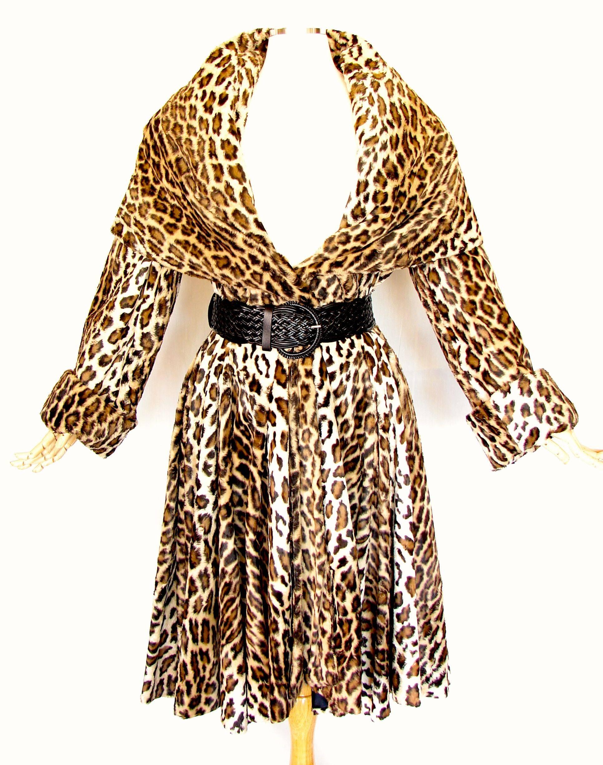 Women's OMO Norma Kamali Fabulous Faux Leopard Coat with Huge Shawl Collar 1980s Sz S