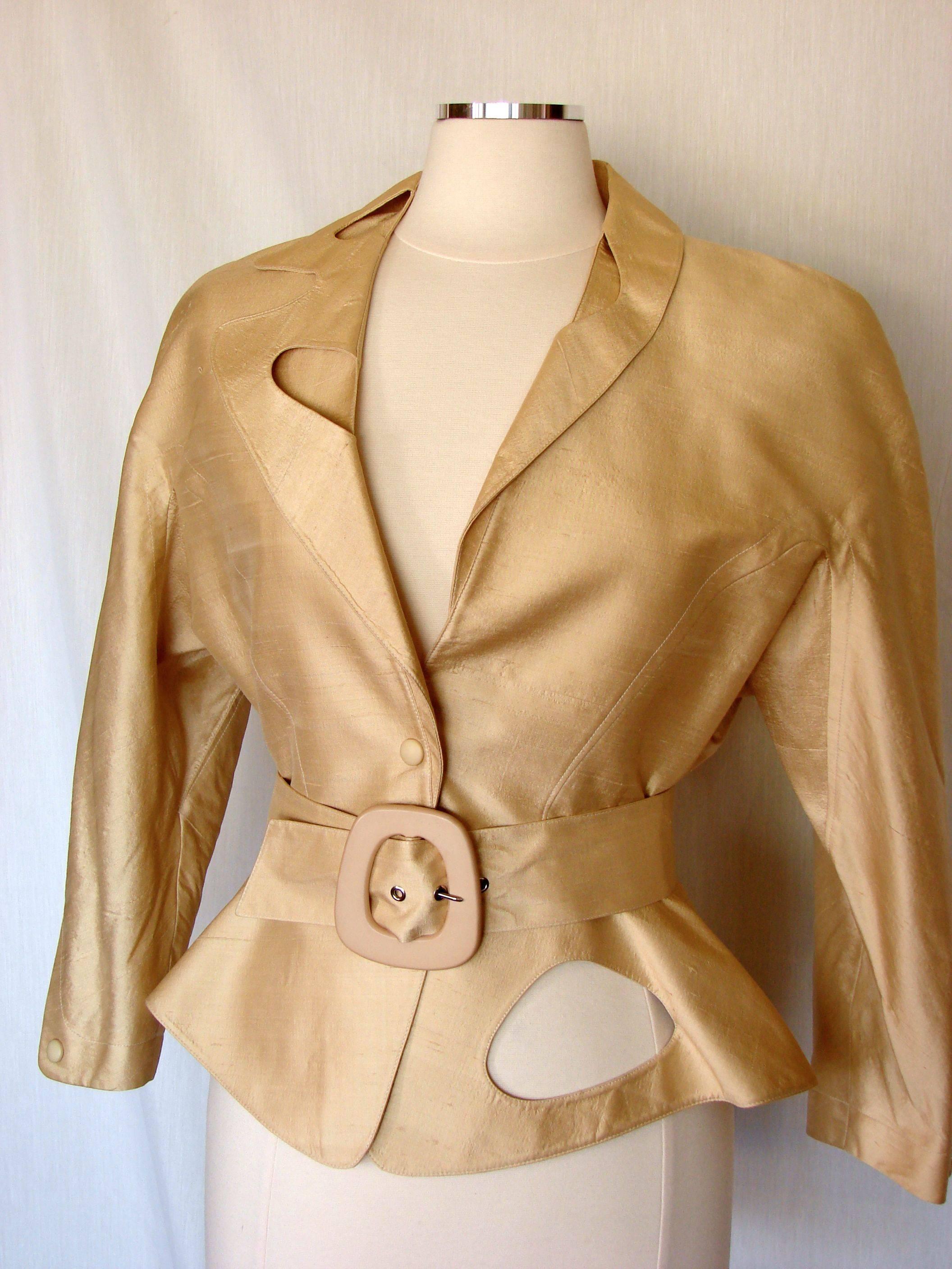 Thierry Mugler Paris Sculptural Gold Doupioni Silk Jacket + Belt Set Size 40 198 In Good Condition In Port Saint Lucie, FL