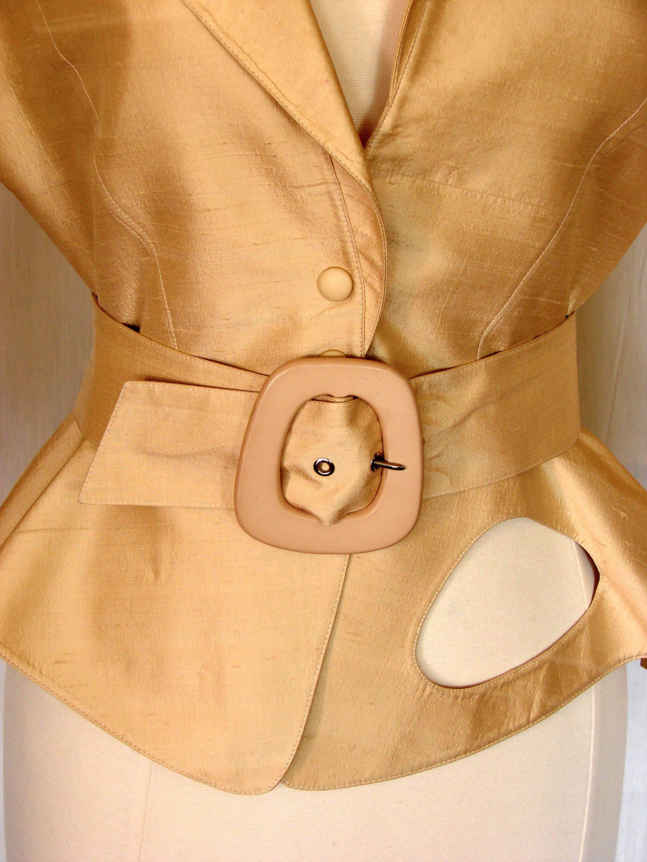 Thierry Mugler Paris Sculptural Gold Doupioni Silk Jacket + Belt Set Size 40 198 1