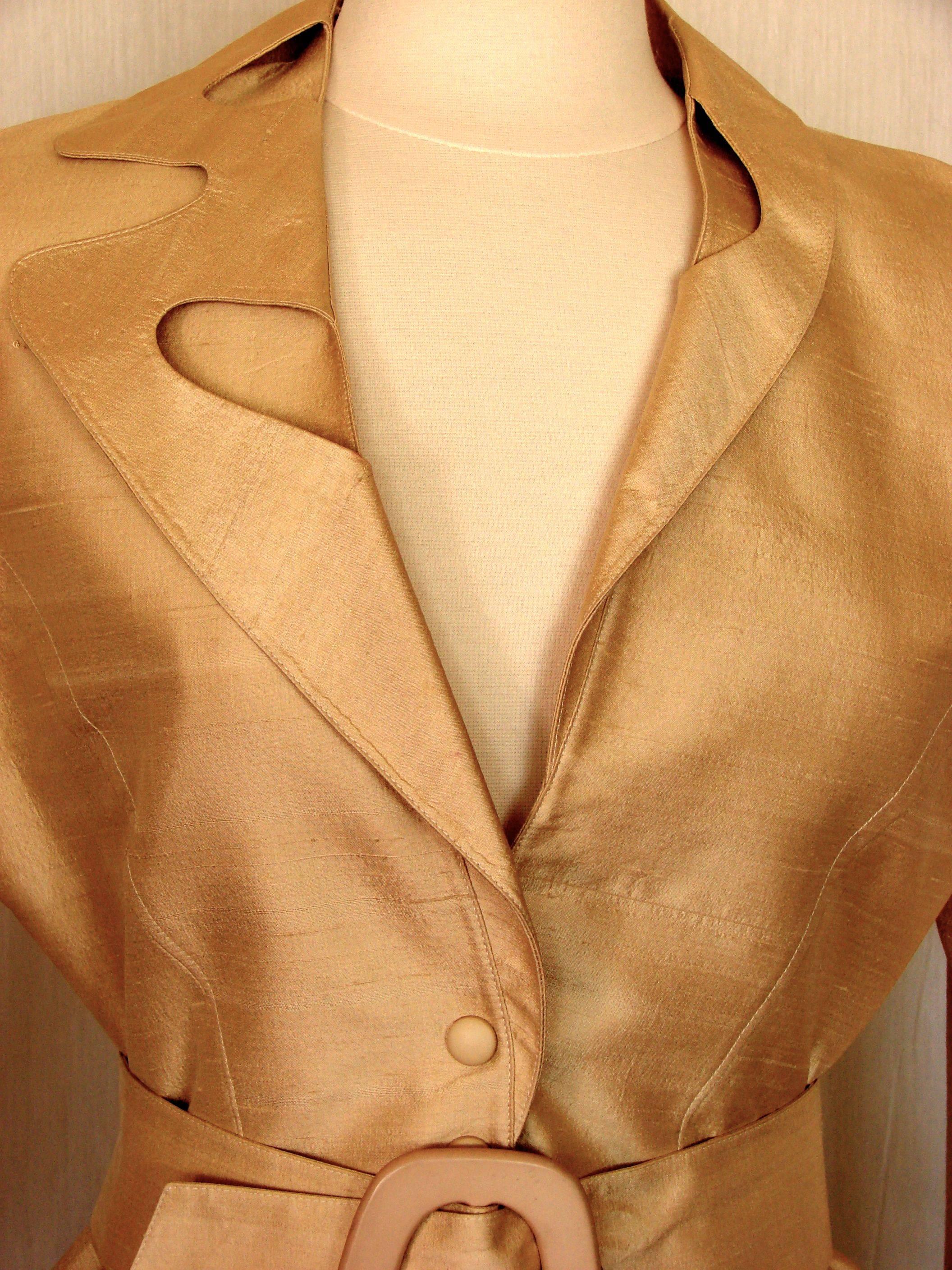 Thierry Mugler Paris Sculptural Gold Doupioni Silk Jacket + Belt Set Size 40 198 2