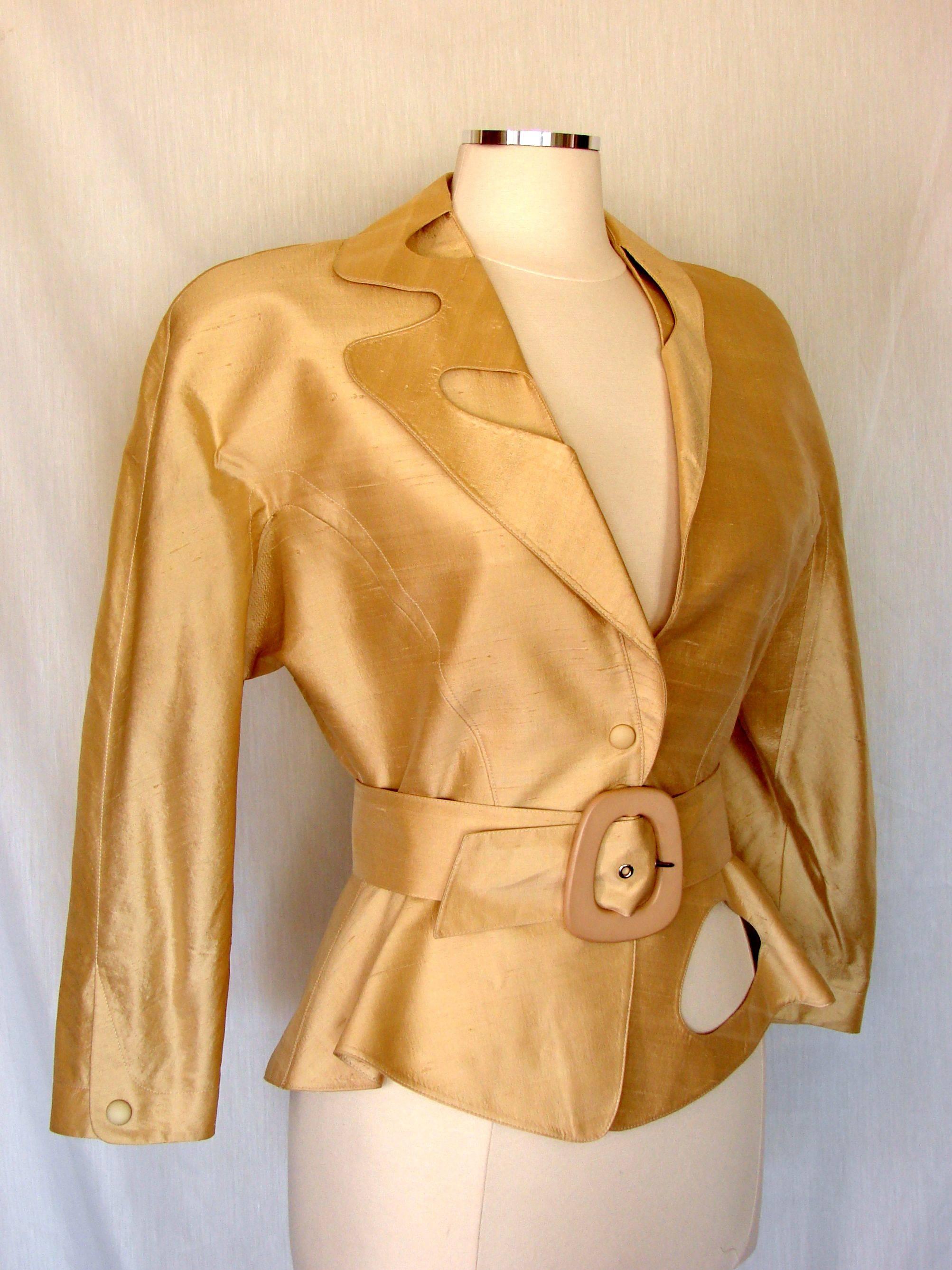 Thierry Mugler Paris Sculptural Gold Doupioni Silk Jacket + Belt Set Size 40 198 3