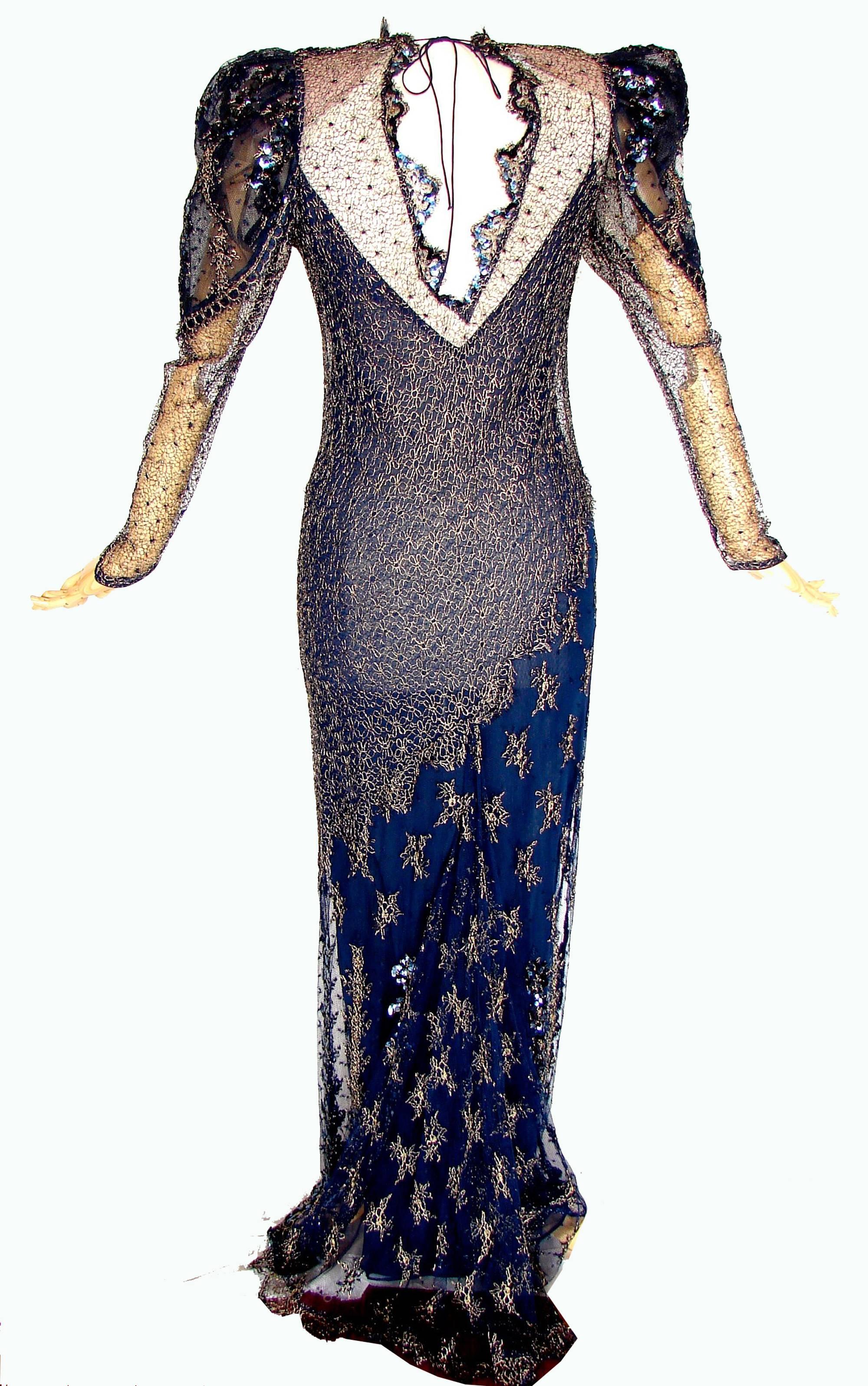 Judy Hornby Couture Long Dress Navy Gigot Sleeve & Gold Lace Embroidery Sz10  4