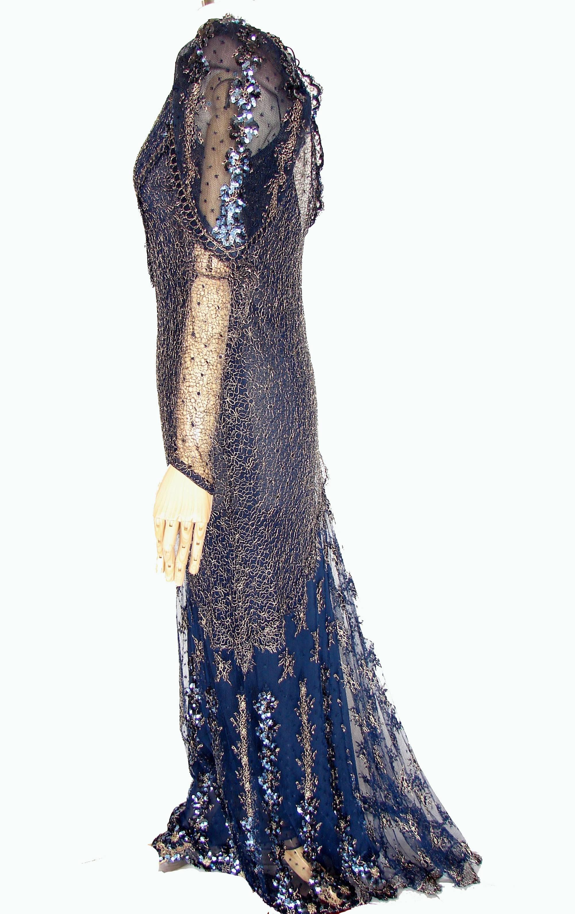 Judy Hornby Couture Long Dress Navy Gigot Sleeve & Gold Lace Embroidery Sz10  3