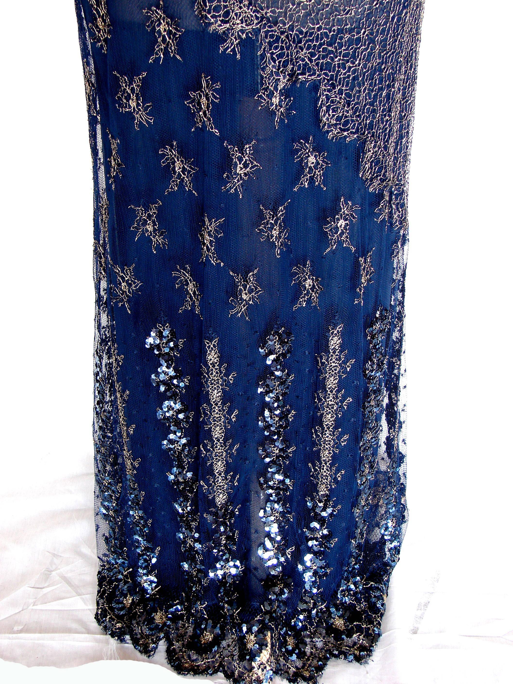 Judy Hornby Couture Long Dress Navy Gigot Sleeve & Gold Lace Embroidery Sz10  5