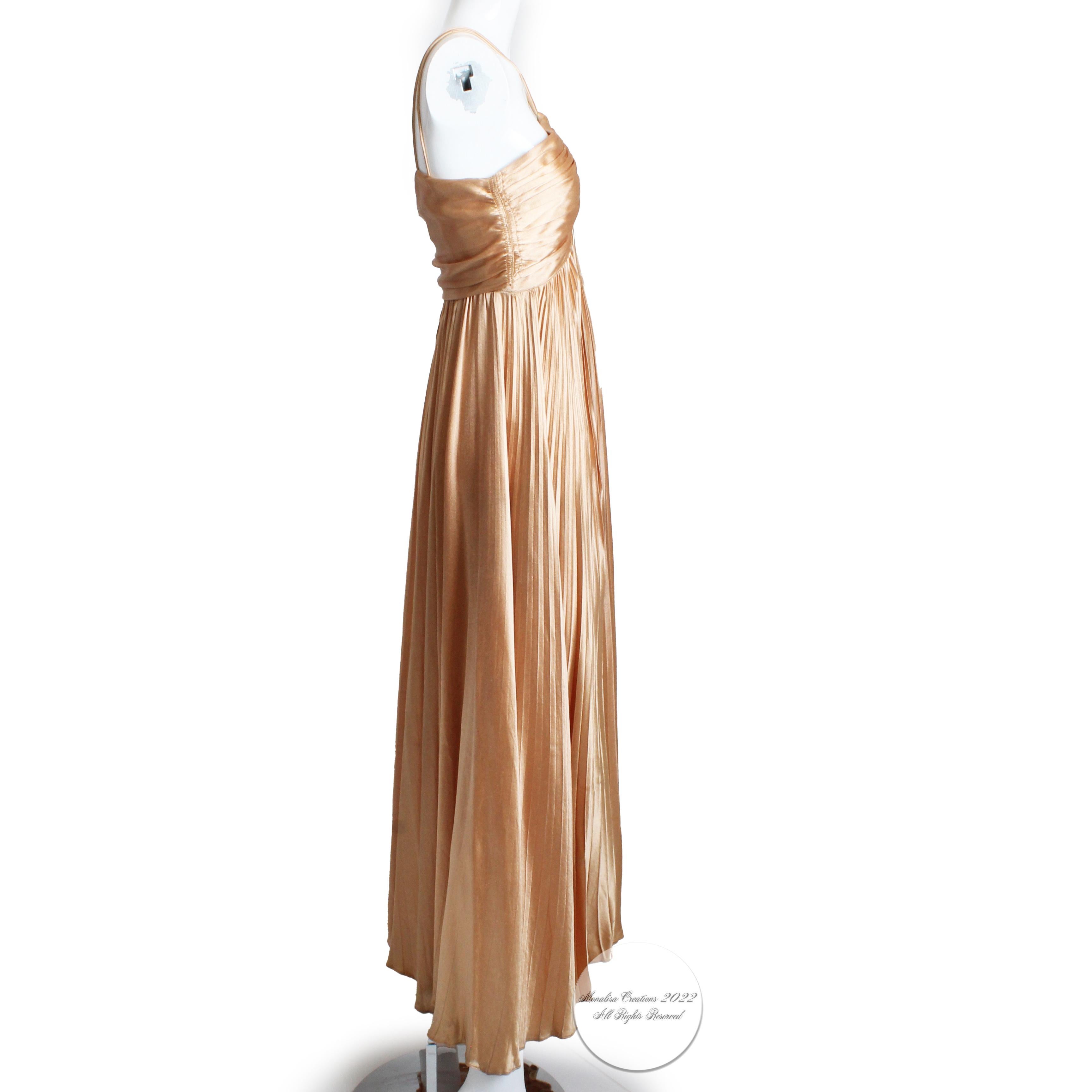 Vintage 40s Evening Gown Pleated Long Satin Goddess Dress Glamorous Rare 1