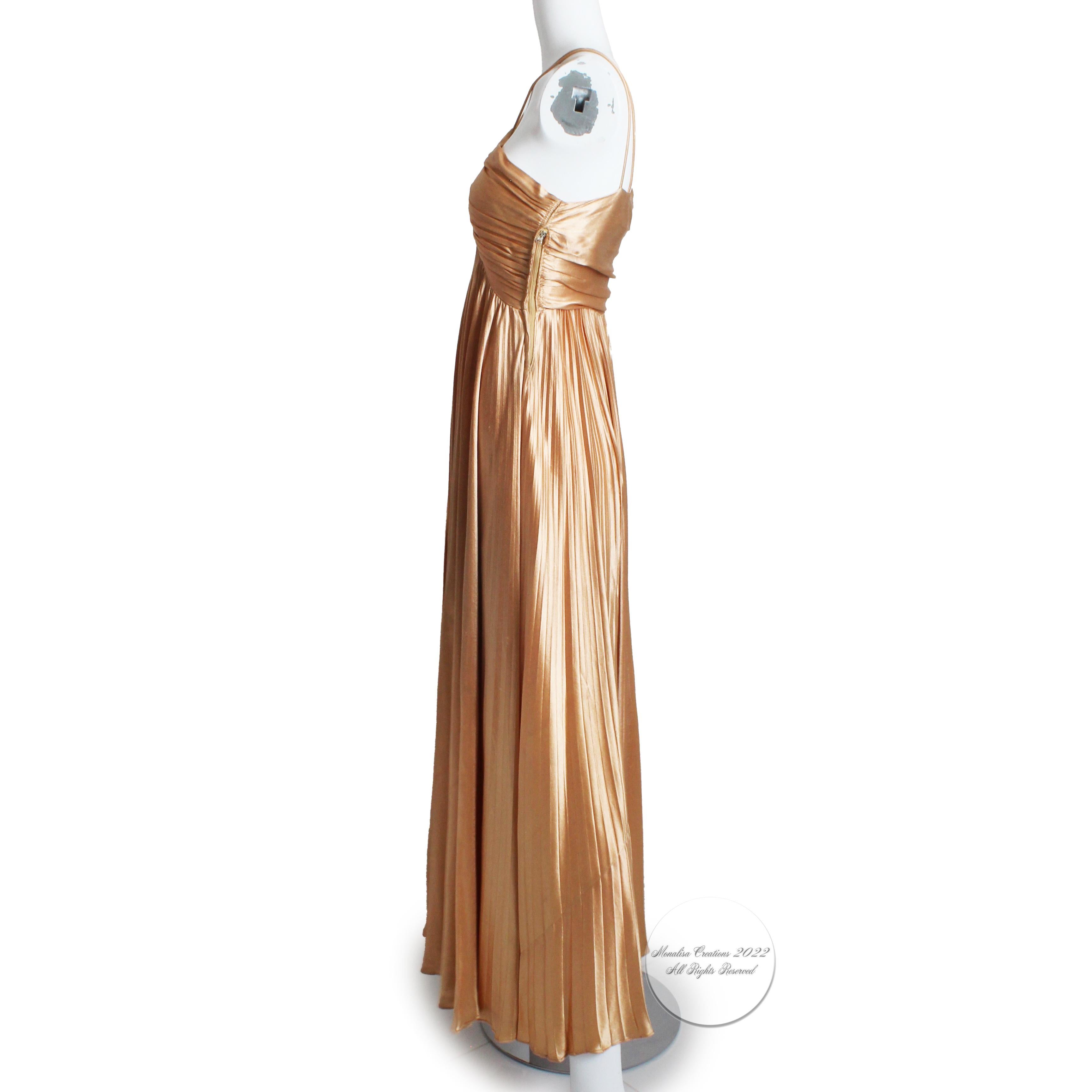 Vintage 40s Evening Gown Pleated Long Satin Goddess Dress Glamorous Rare In Fair Condition In Port Saint Lucie, FL