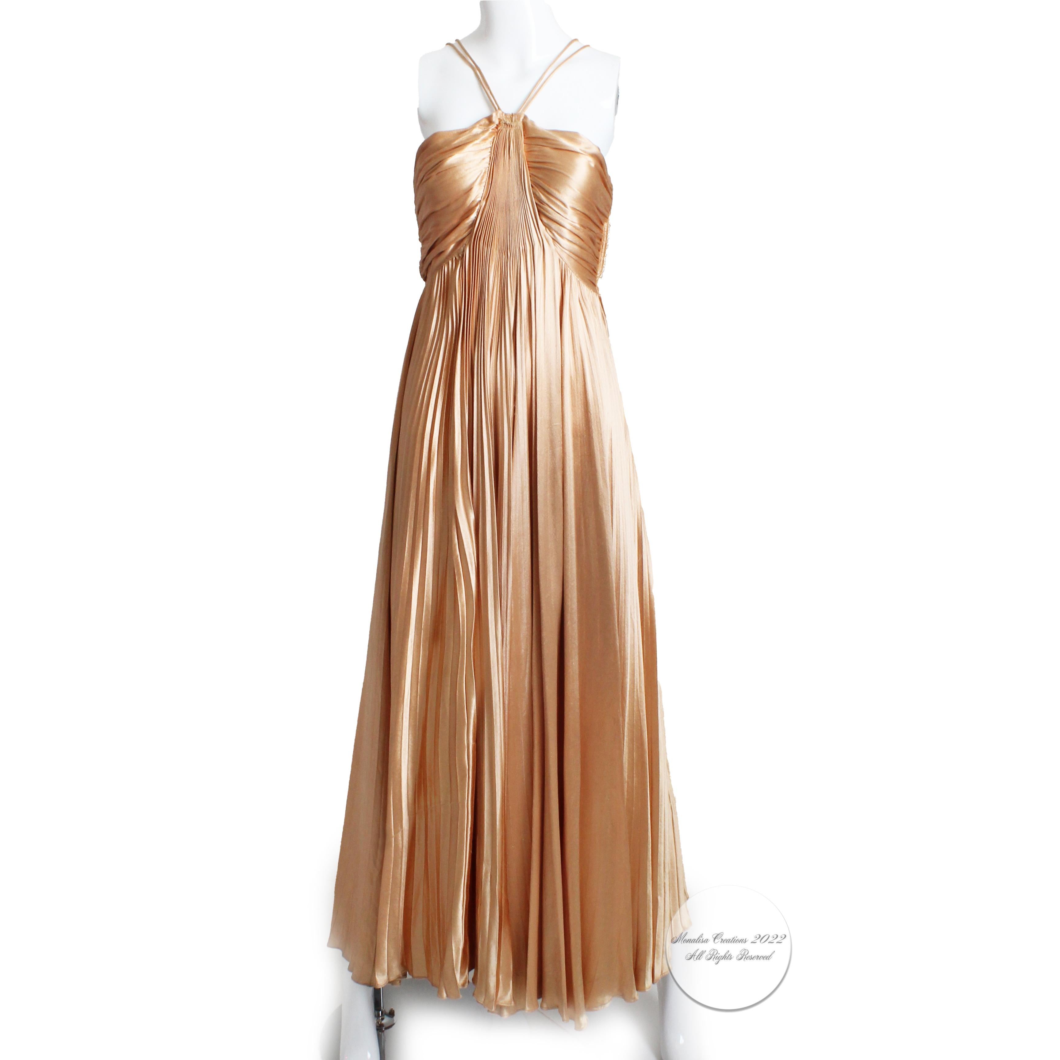Vintage 40s Evening Gown Pleated Long Satin Goddess Dress Glamorous Rare 2