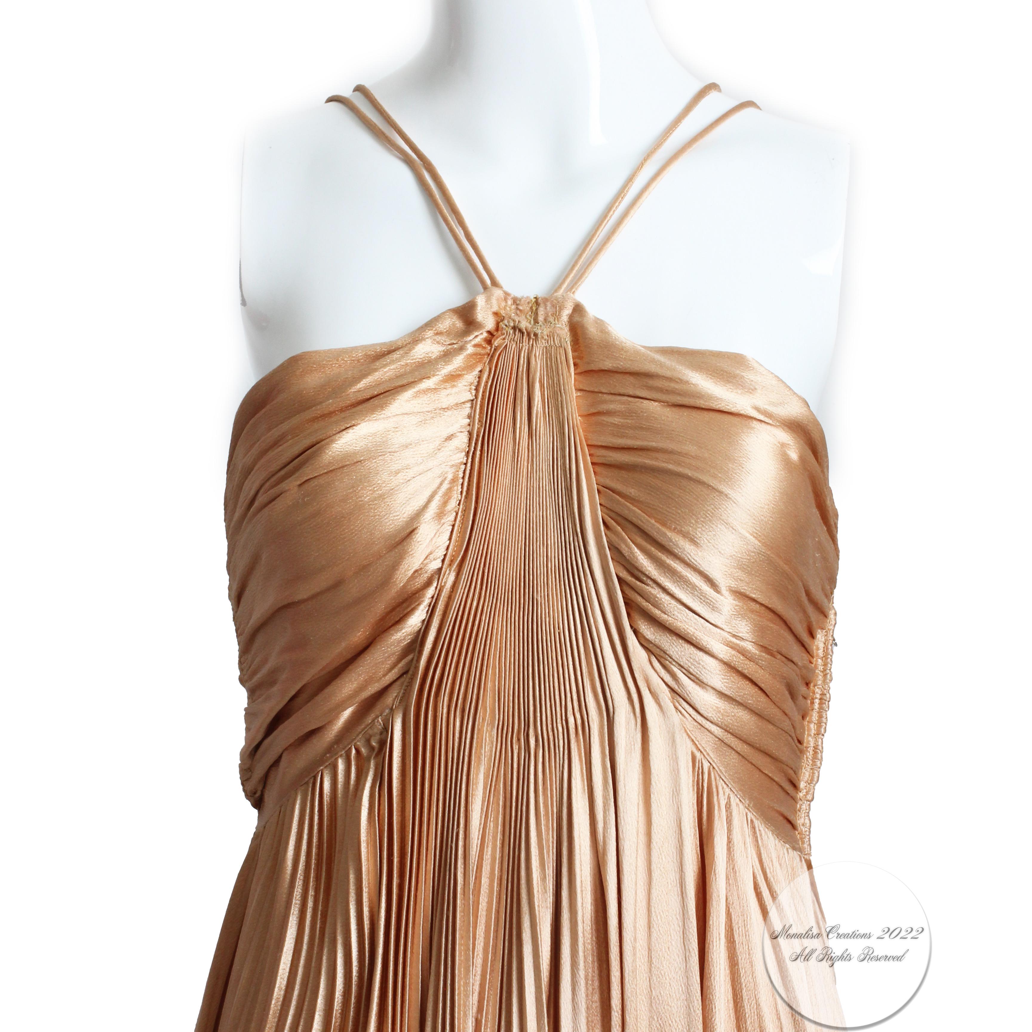 Brown Vintage 40s Evening Gown Pleated Long Satin Goddess Dress Glamorous Rare