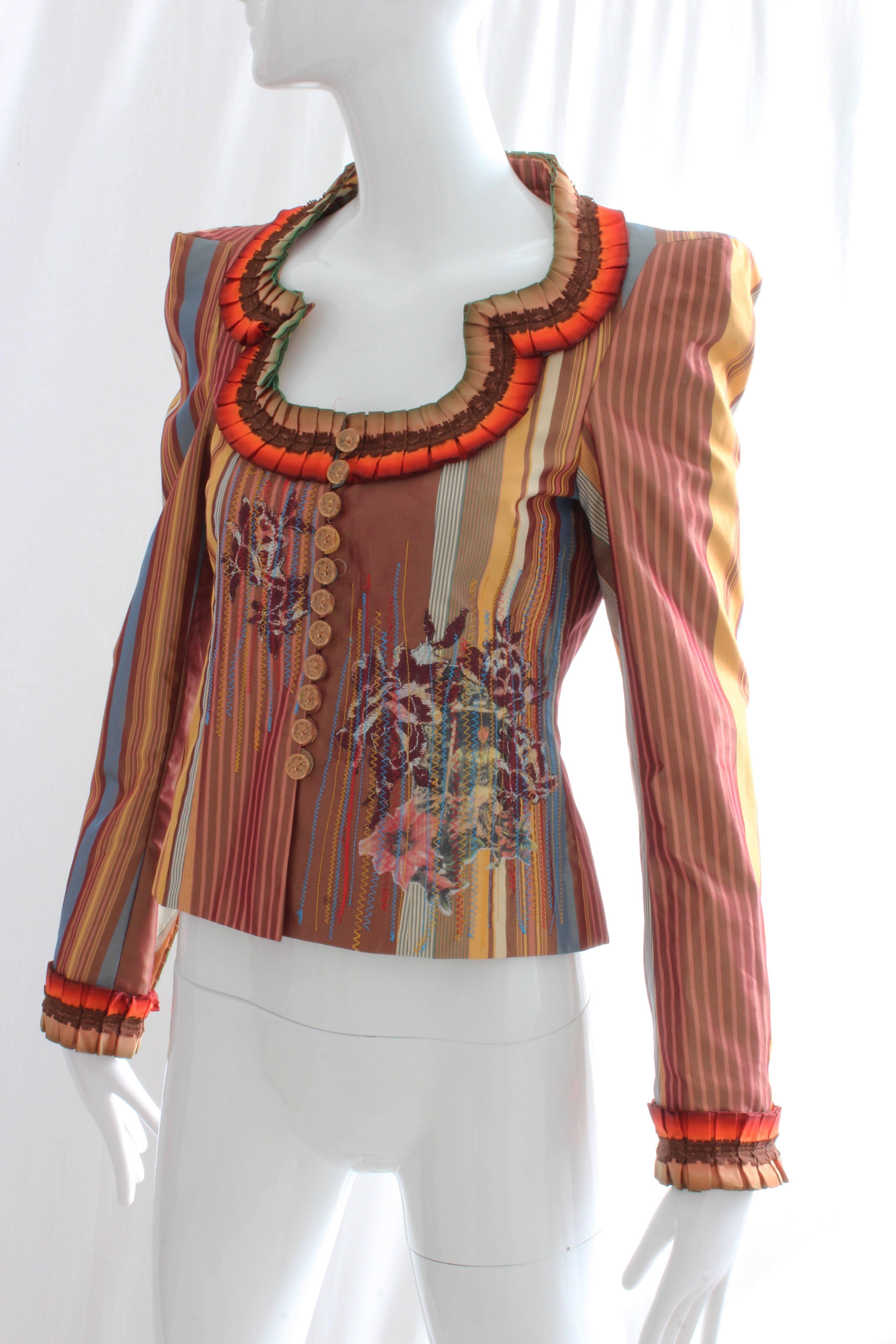 Brown Christian Lacroix Silk Jacket with Stripes, Tapestry + Ruffles New Tags sz36