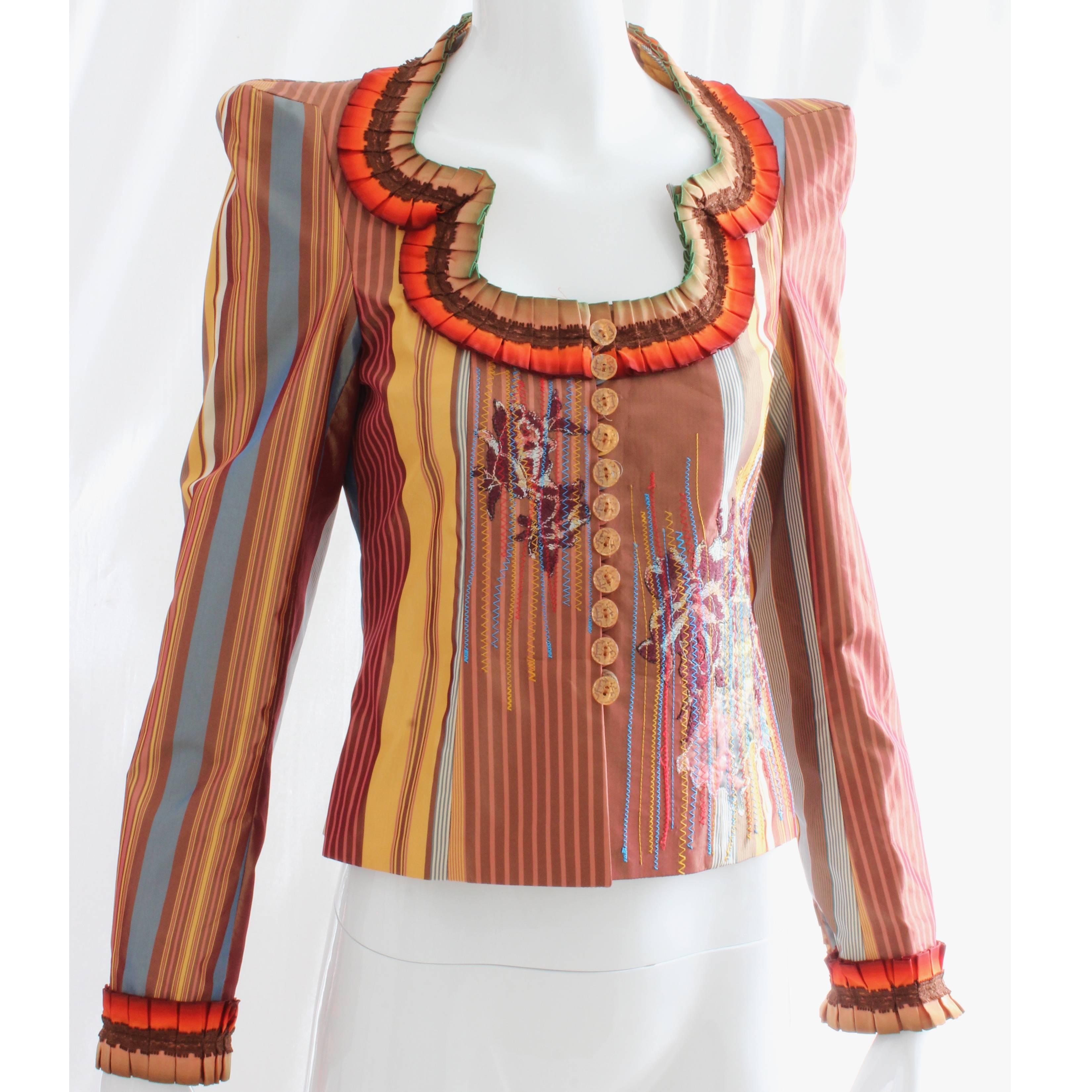 Christian Lacroix Silk Jacket with Stripes, Tapestry + Ruffles New Tags sz36 2