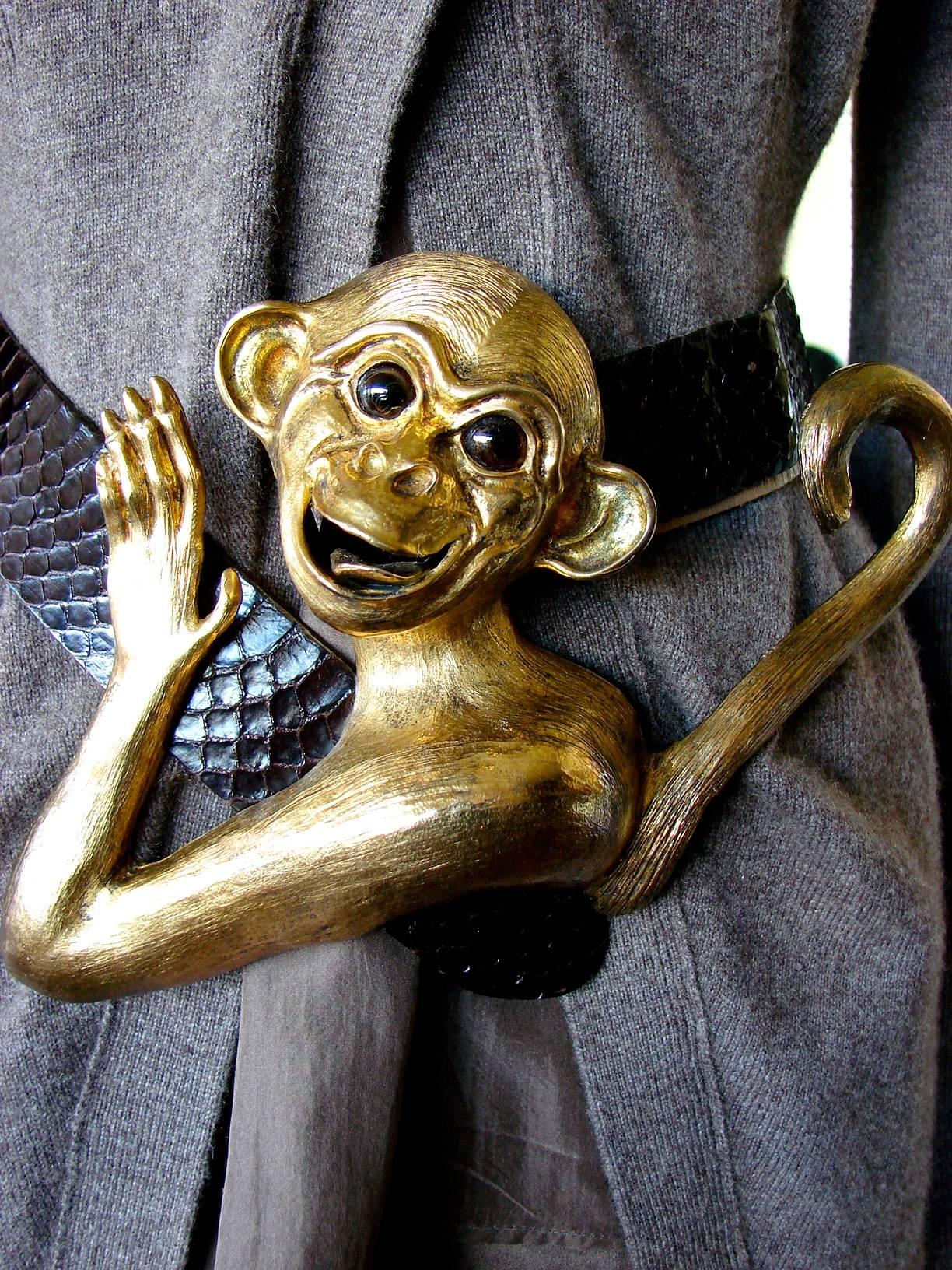 Rare Christopher Ross Massive Smiling Monkey Belt Buckle 24ct Gold Plate 1980s 3