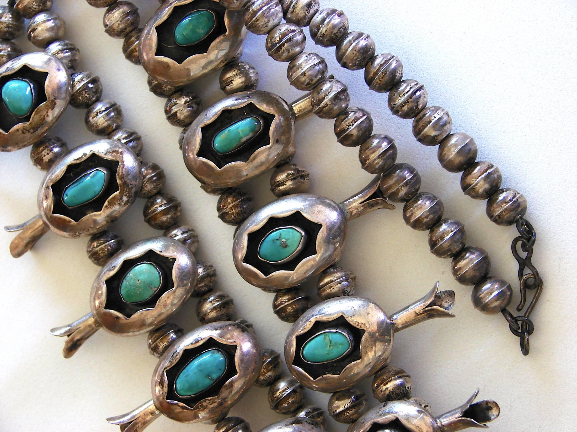 Women's Squash Blossom Necklace Shadowbox Sterling Silver And Turquoise Navajo 1970s 