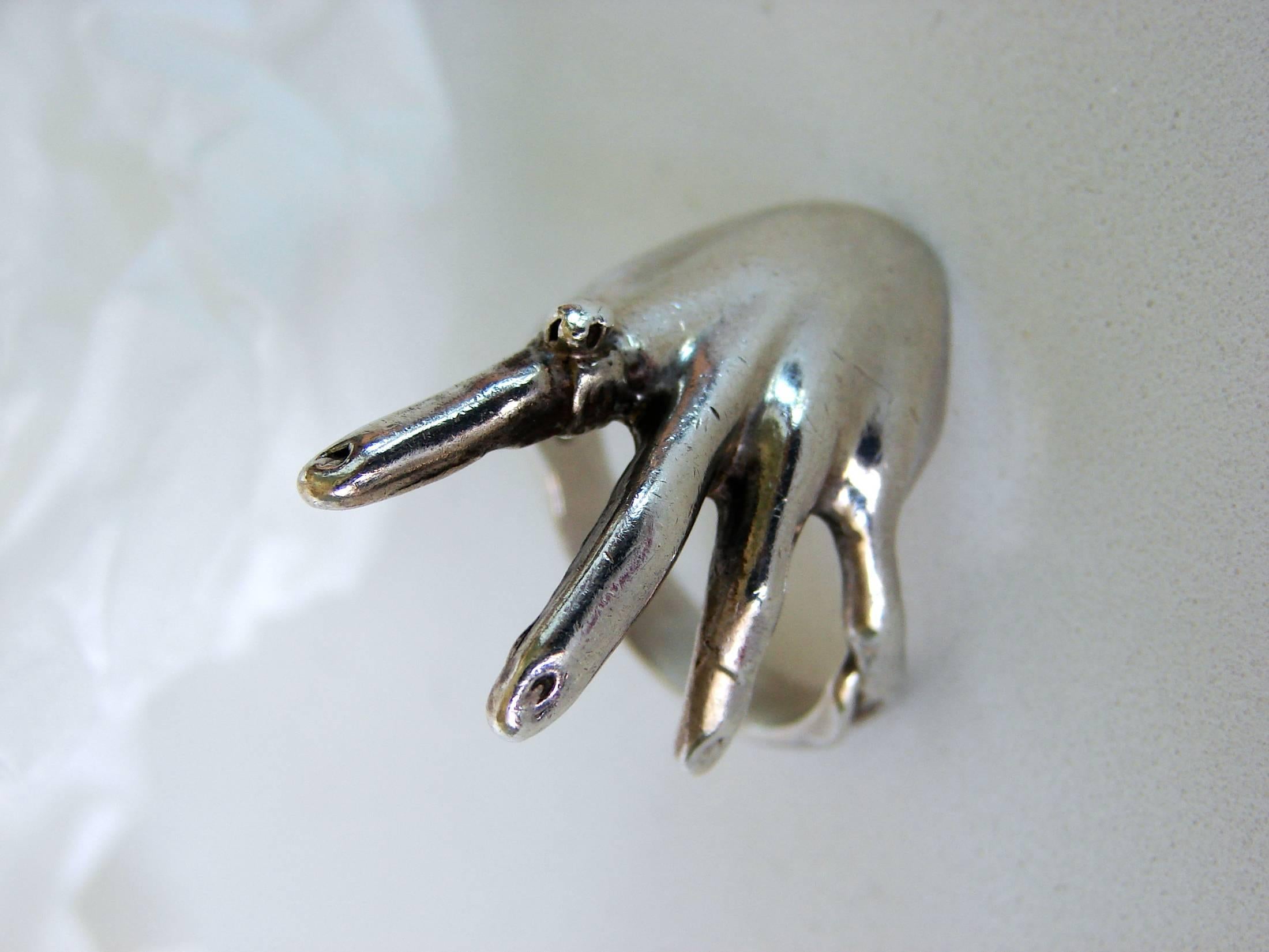 Contemporary One of a Kind Large Sterling Silver Hand Ring Custom Statement Piece Sz 8 1970s