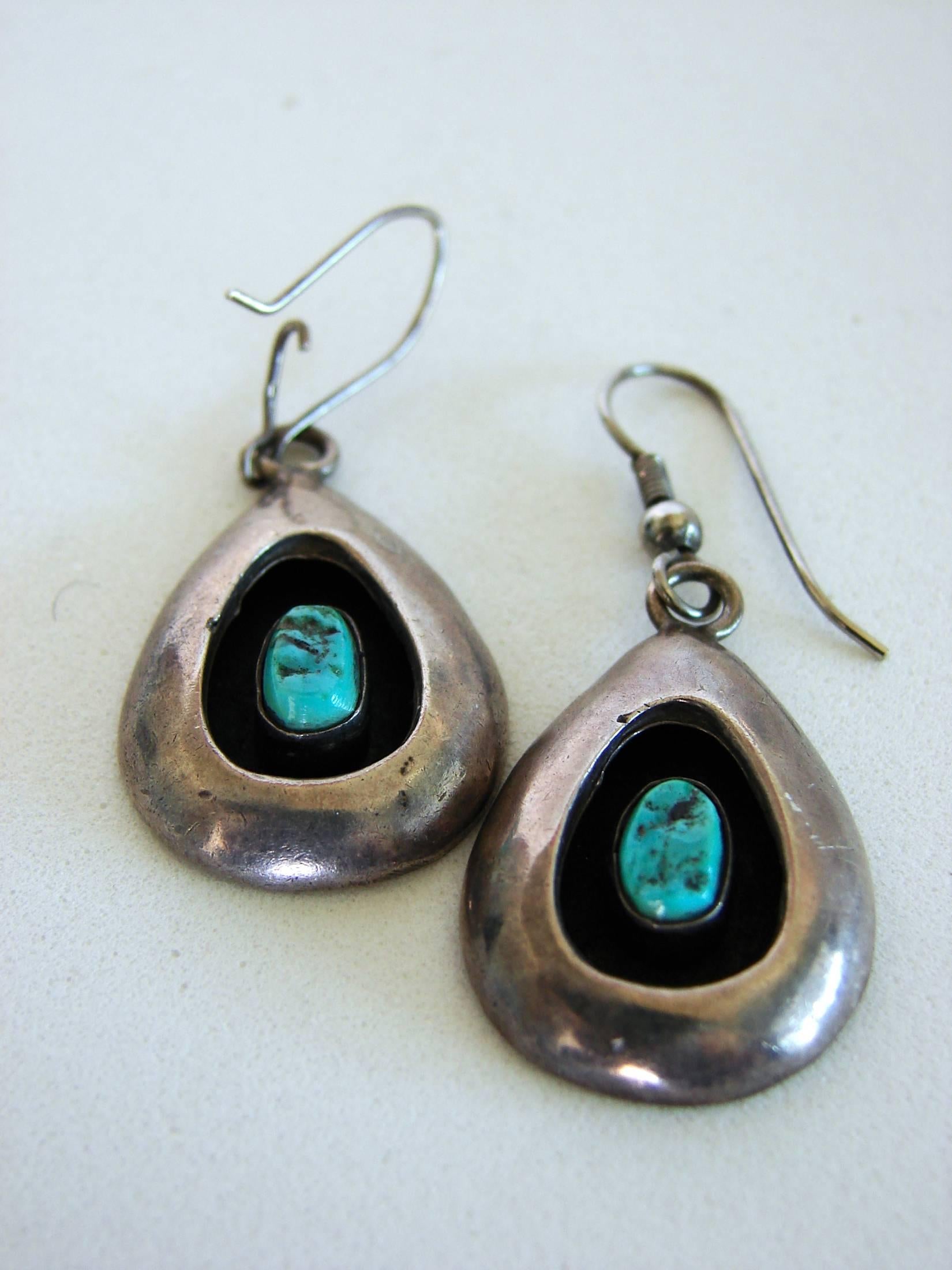 Sterling Silver + Turquoise Earrings Shadowbox 1970s  In Good Condition In Port Saint Lucie, FL
