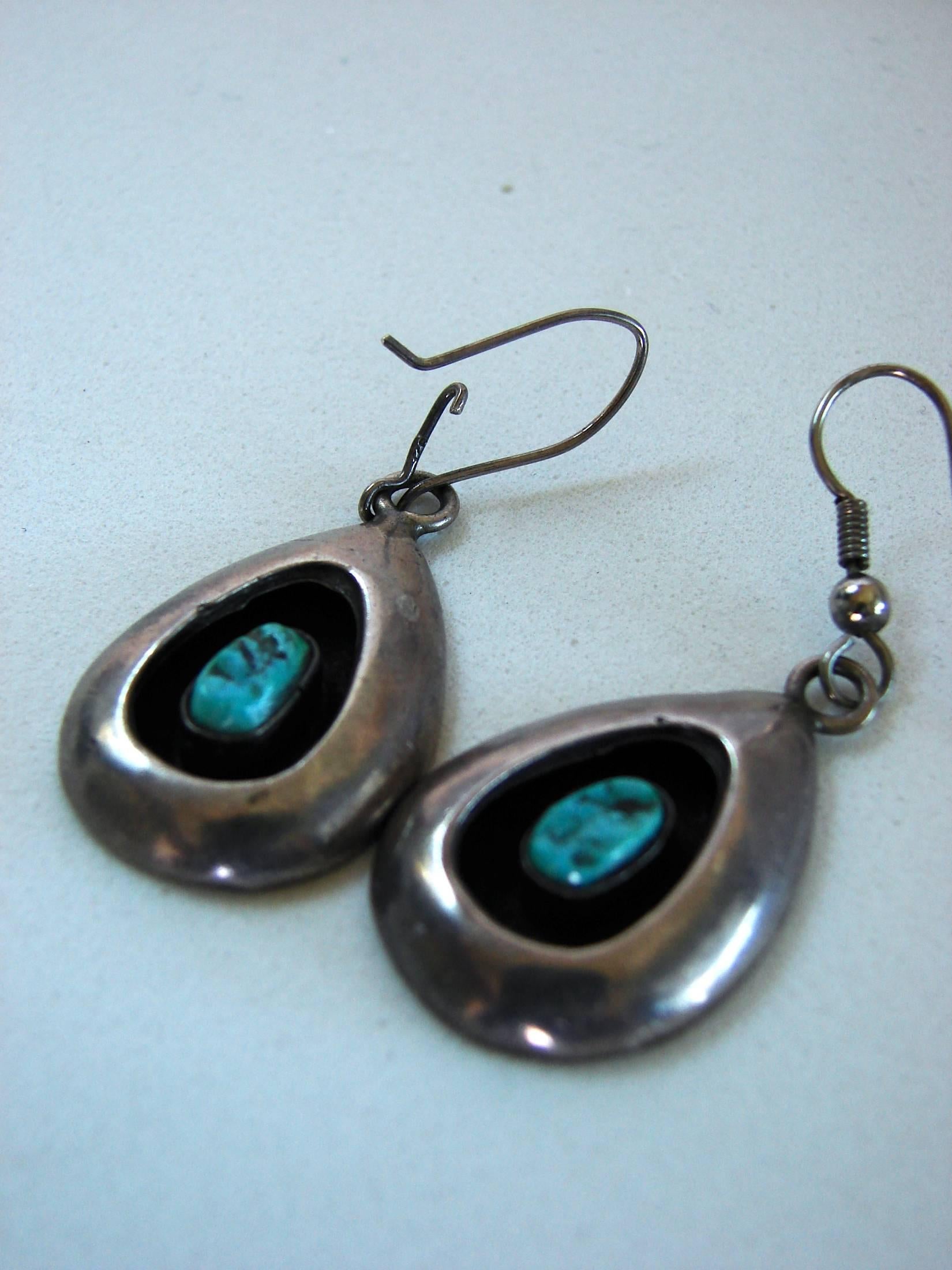 Women's Sterling Silver + Turquoise Earrings Shadowbox 1970s 